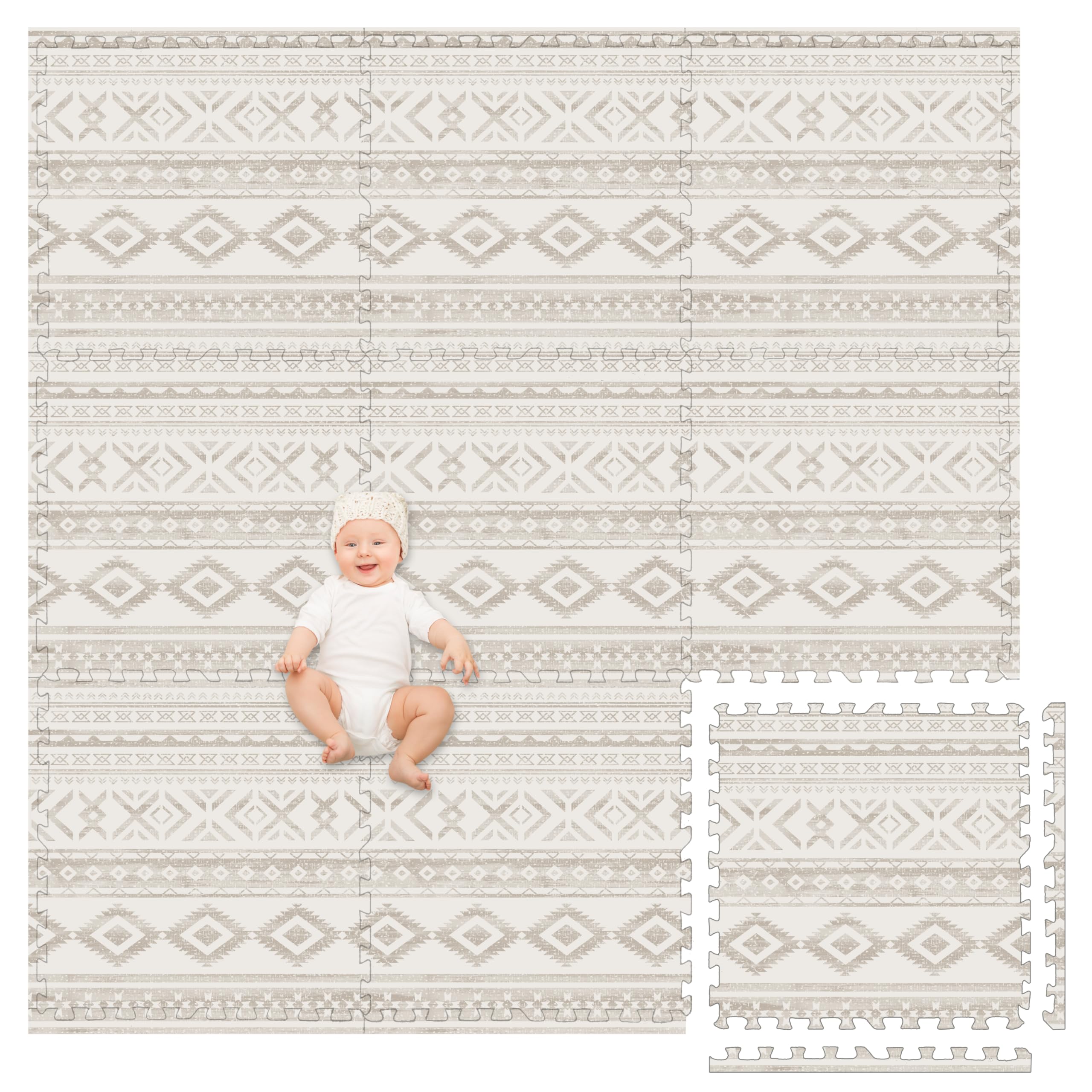 Play Platoon Extra-Thick 9-Piece Interlocking Foam Play Mat - 72x72 Inch Large Baby Floor Tiles (24x24in Each) - Soft Puzzle Mats for Playroom & Nursery - Neutral Canyon Print Rug for Crawling & Toddler Play Area