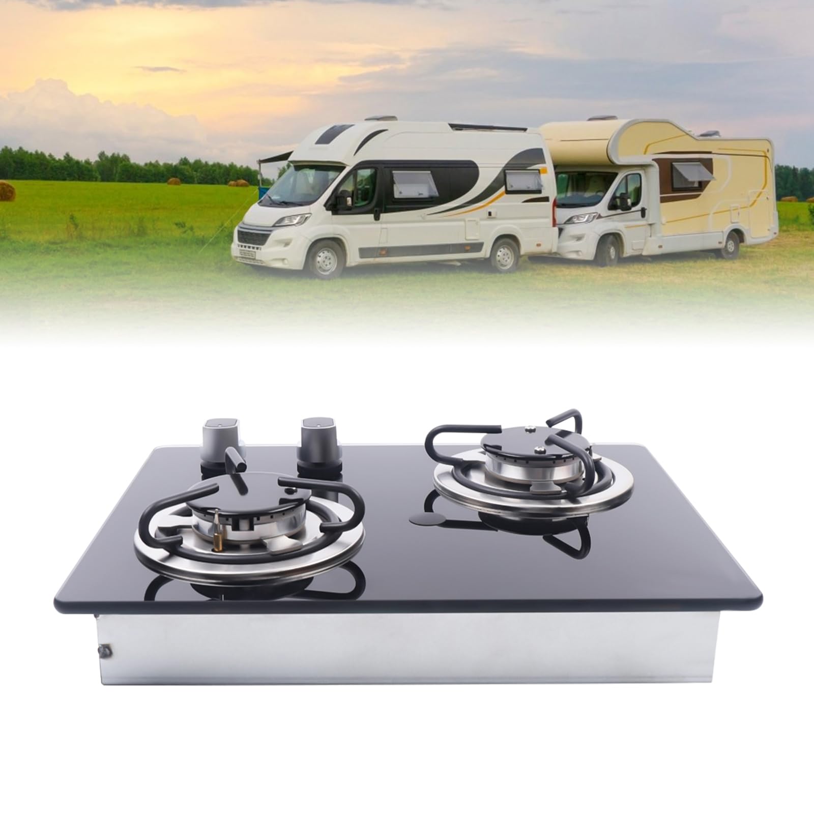Portable 2-Burner RV Gas Stove with Tempered Glass Cooktop - LPG Camping Stove for RV, Boat & Caravan - 3D Air Intake System (Black) - Perfect for Outdoor Cooking, Road Trips & Camping Adventures