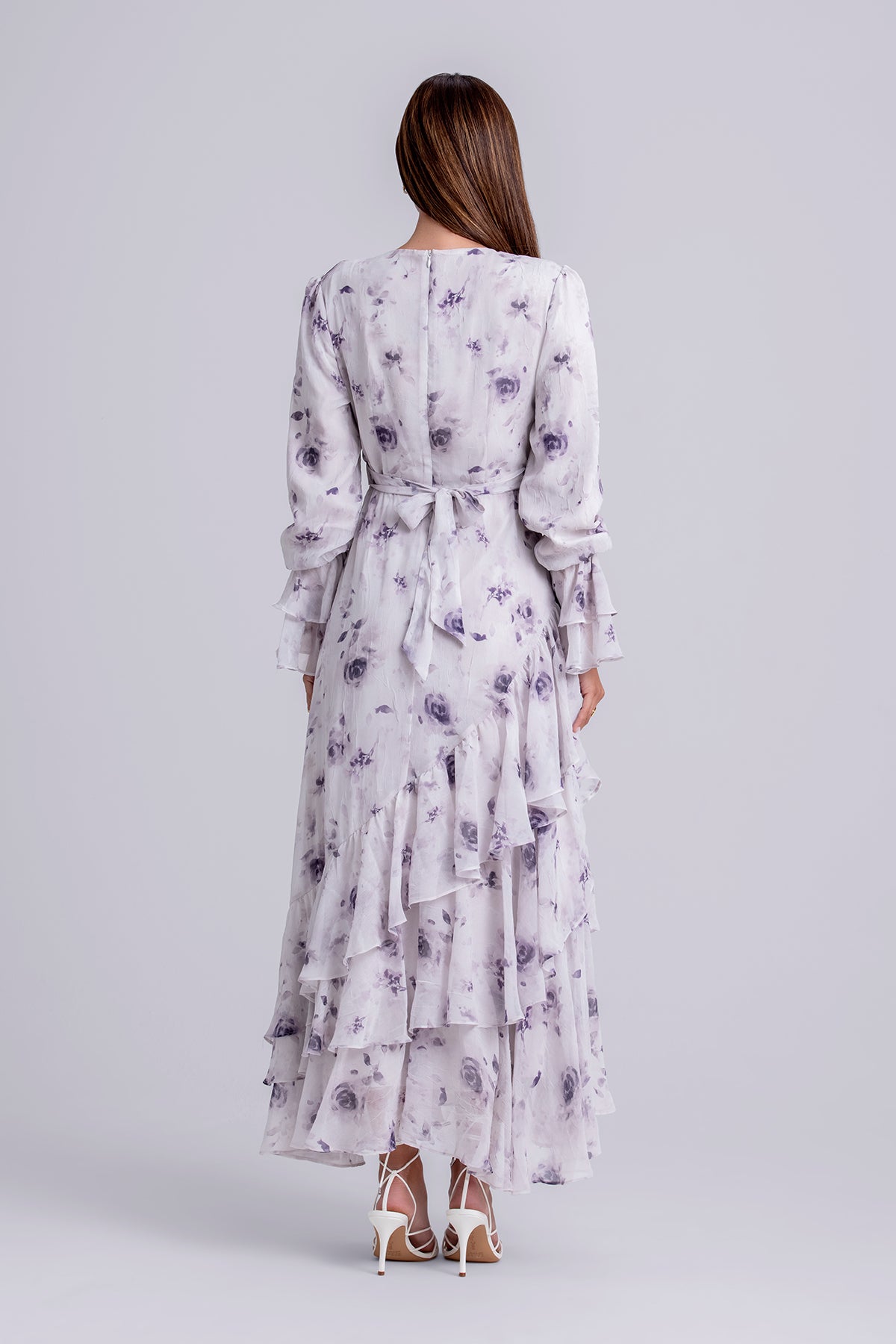 Selena Long Sleeve Maxi Dress - Elegant Violet Veil Flowy Women's Evening Gown for Wedding Guest, Party & Special Occasions