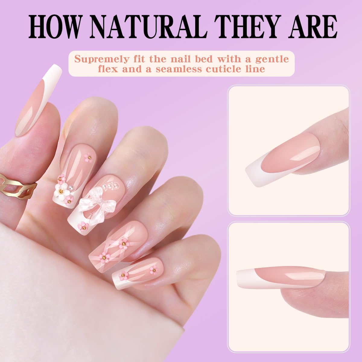 24Pcs White French Tip Press on Nails - Coffin & Square Fake Nails with Floral Bow Charms - Long Artificial Stick on Nails for Women & Girls - Perfect for Parties, Weddings & Special Occasions