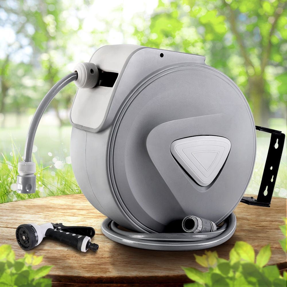 20M Retractable Water Hose Reel with Auto Rewind - Heavy Duty Expandable Garden Hose Storage with Spray Gun - Perfect for Lawn Care, Car Washing, and Outdoor Cleaning