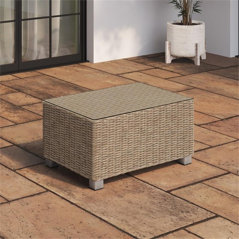 Almond Wicker Outdoor Patio Rectangle Coffee Table with Tempered Glass Top - Perfect for Backyard, Garden, and Poolside Relaxation
