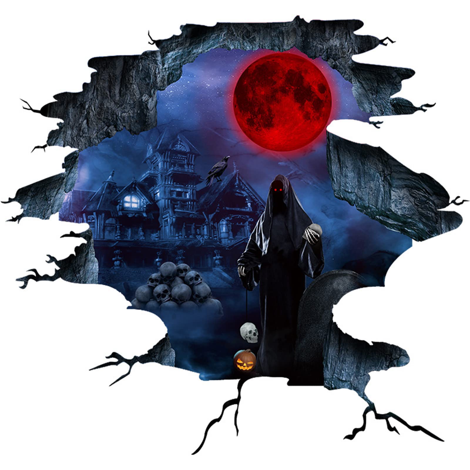3D Broken Wall Halloween Stickers - Spooky Pumpkin Wall Decor for Halloween Party, Home & Office Decoration - Realistic 3D Wall Stickers for Haunted House Theme