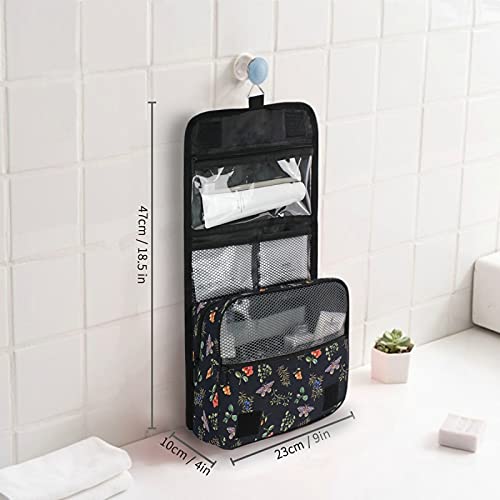 Berry Wildflower Butterfly Tropical Plant Hanging Toiletry Bag - Black Travel Makeup Organizer for Women | Portable Cosmetic Kit with Clear Pockets | Perfect for Camping, Gym & Vacation Trips