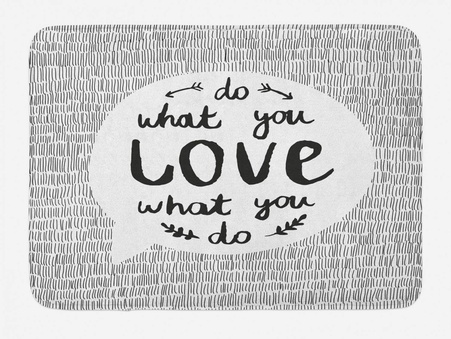Ambesonne Non-Slip Bath Mat - Hand Drawn Monochrome 'Love What You Do' Design with Leaves on Striped Backdrop, Soft Plush Bathroom Rug, 30x20 Inches, Charcoal Grey & White - Perfect for Bathroom, Spa, and Home Decor