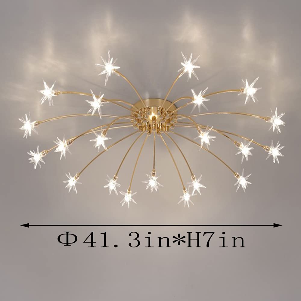 Gold Glass Chandelier Ceiling Light - LED Flush Mount Starry Pendant Lamp with Gypsophila Design for Living Room, Bedroom, Dining Room & Hallway - Elegant Lighting Fixture for Home Decor, Kitchen & Foyer