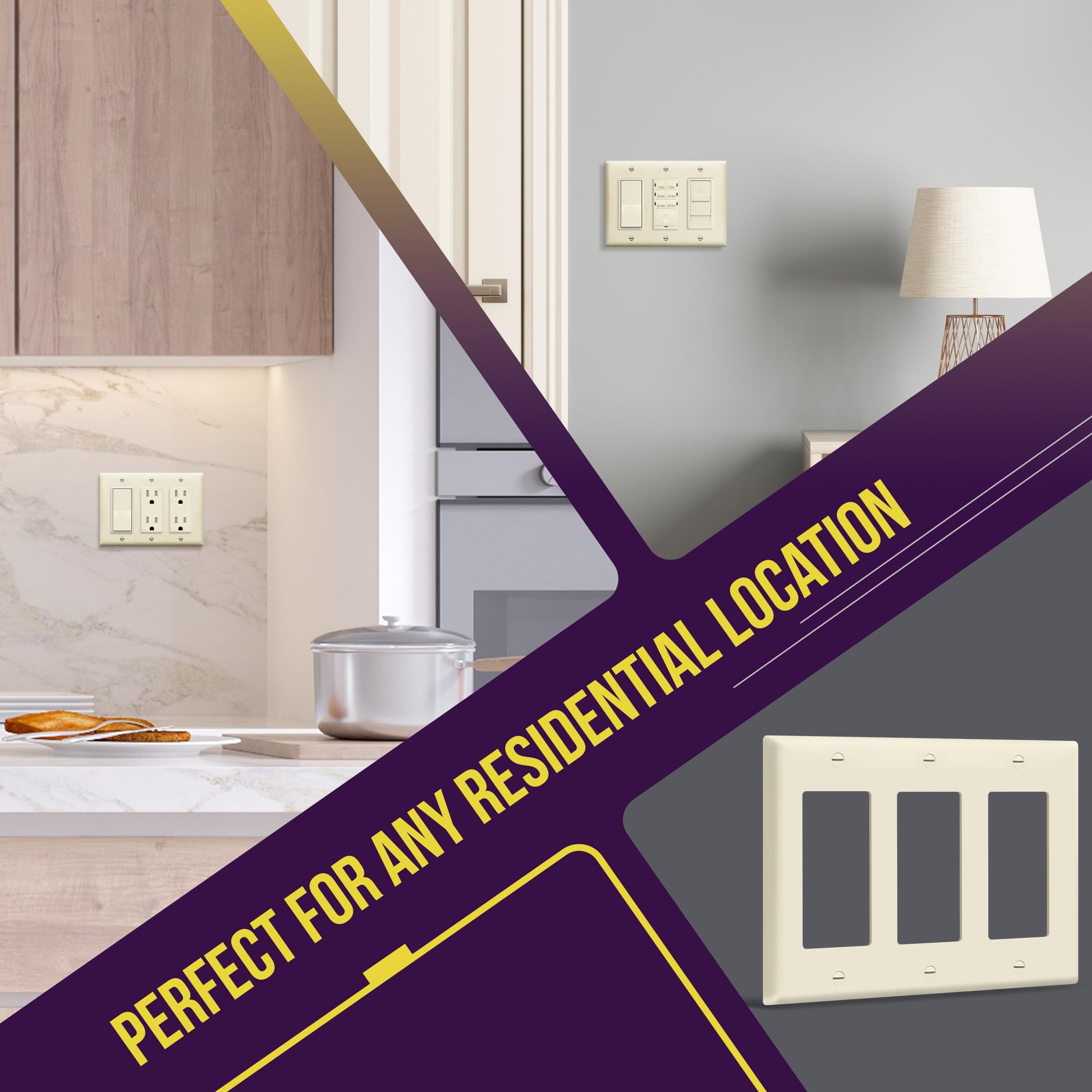 ENERLITES 3-Gang Decorator Light Switch Wall Plate, Gloss Finish Light Almond, 4.50