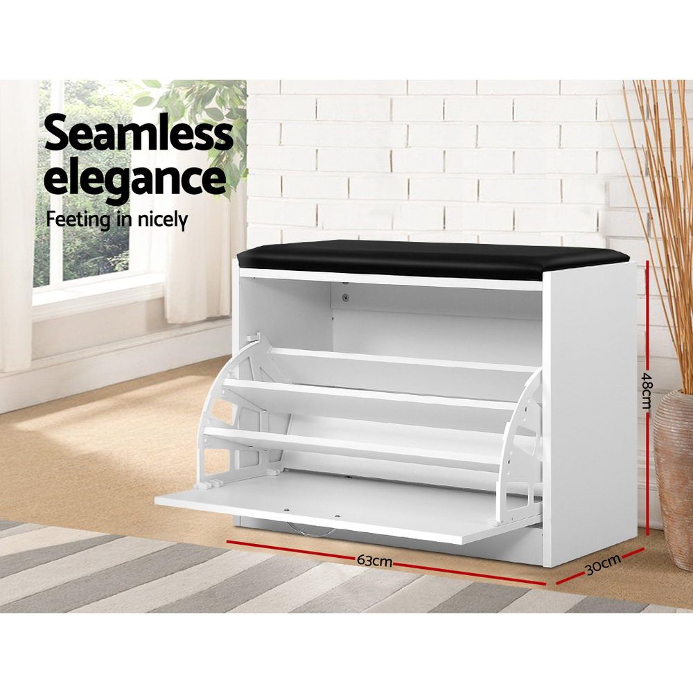 White Shoe Cabinet Bench with Drawers - 15 Pair Shoe Storage Organizer for Entryway, Bedroom, or Closet - Space Saving Shoe Rack with Seat