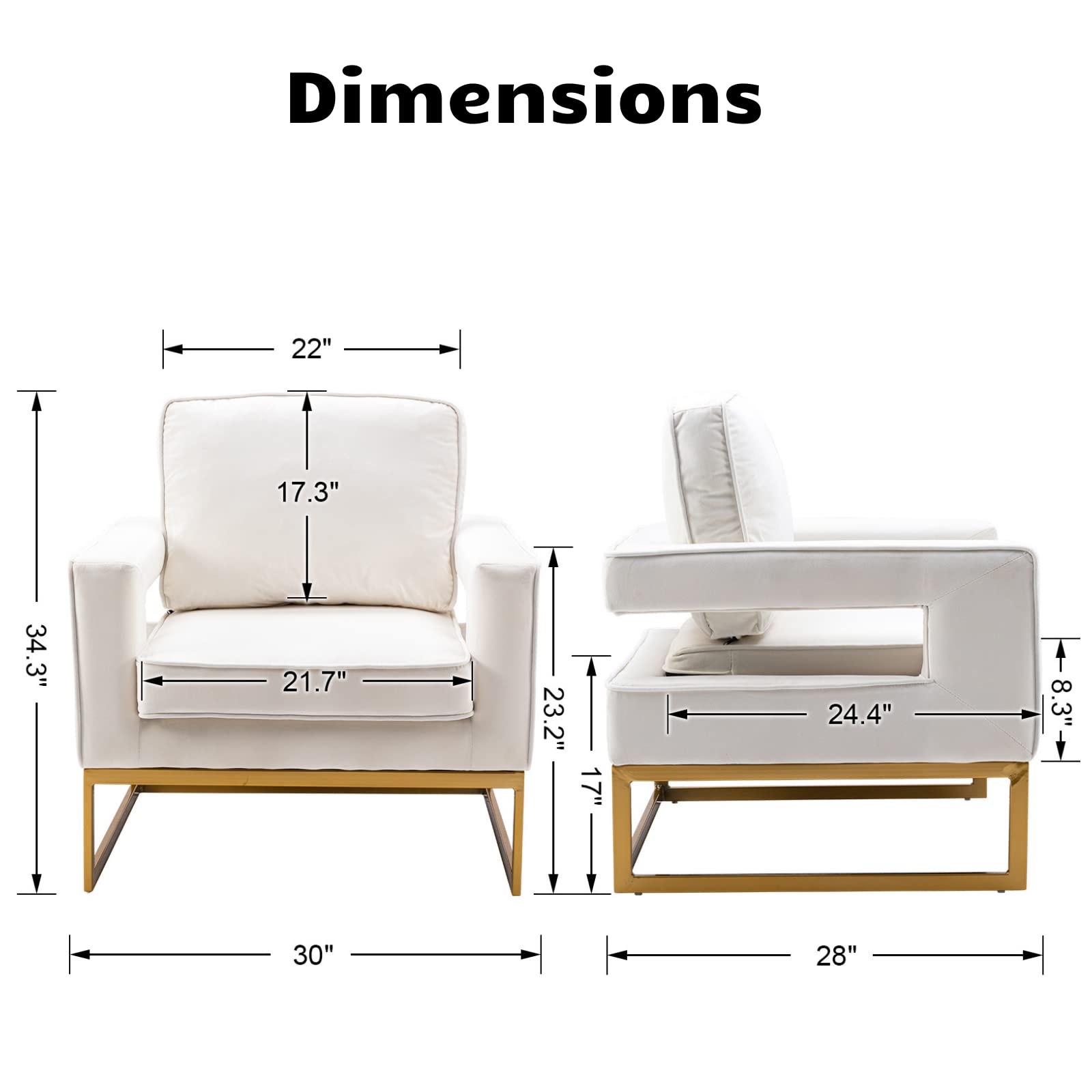 HEAH-YO Modern Velvet Accent Chair with Golden Metal Legs - Upholstered Armrest Living Room Chair, Small Comfy Side Chair for Bedroom in White - Perfect for Home Decor, Lounge Seating & Guest Room Furniture