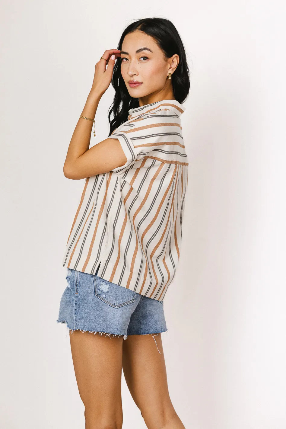 Gabby Striped Button Up Shirt for Women in Tan | Casual & Office Wear | Final Sale