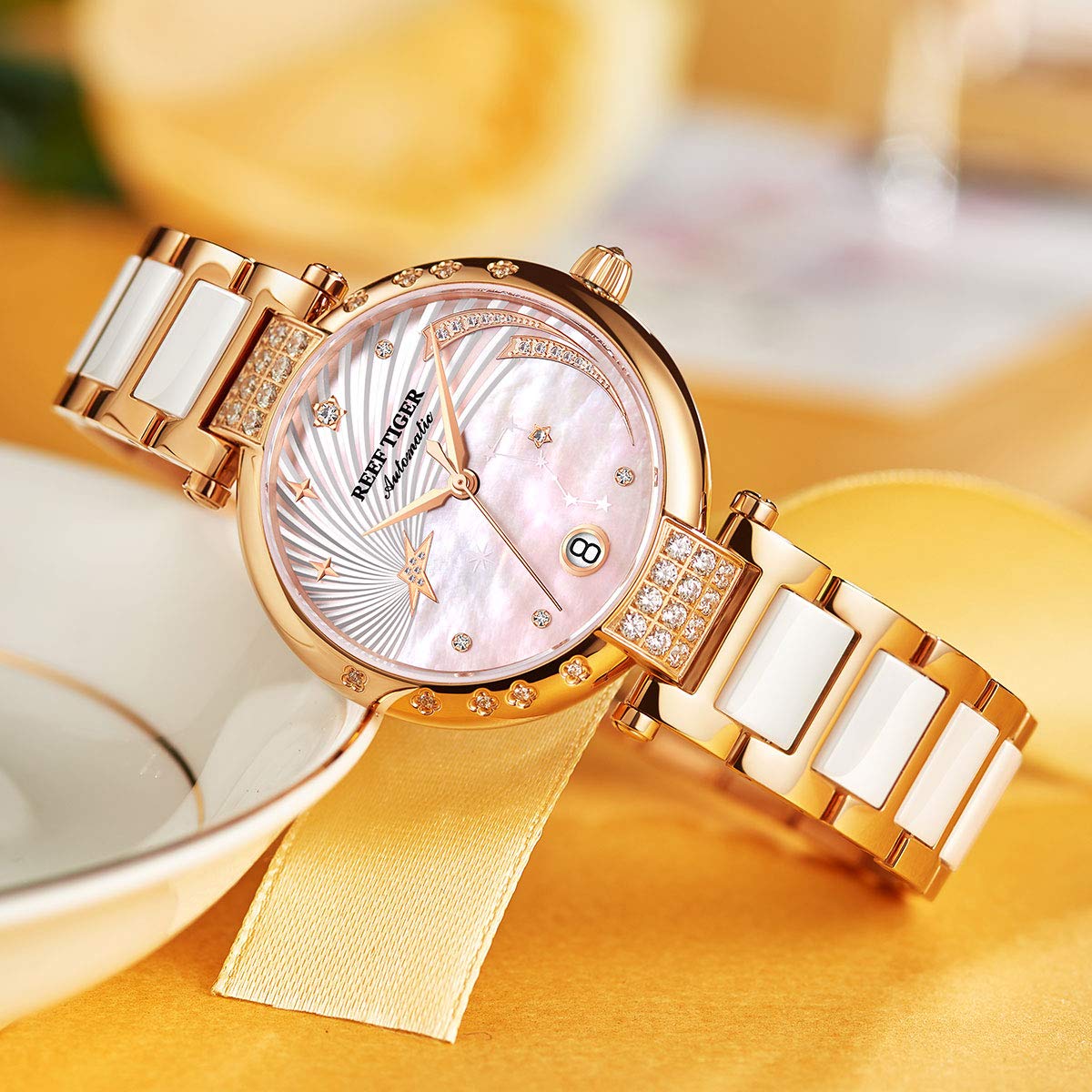 REEF TIGER Luxury Diamond Watch for Women - Automatic Movement, Shell Dial & Ceramic Band (Model RGA1592) | Perfect for Formal Events, Business Meetings & Special Occasions