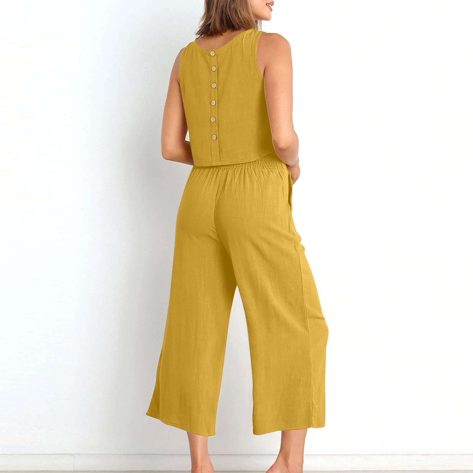 Stylish 2-Piece Linen Outfit Set for Women - Sleeveless Crop Top & Wide Leg Pants | Summer Matching Sets | Beachwear, Vacation Outfits, Casual Chic Ensemble