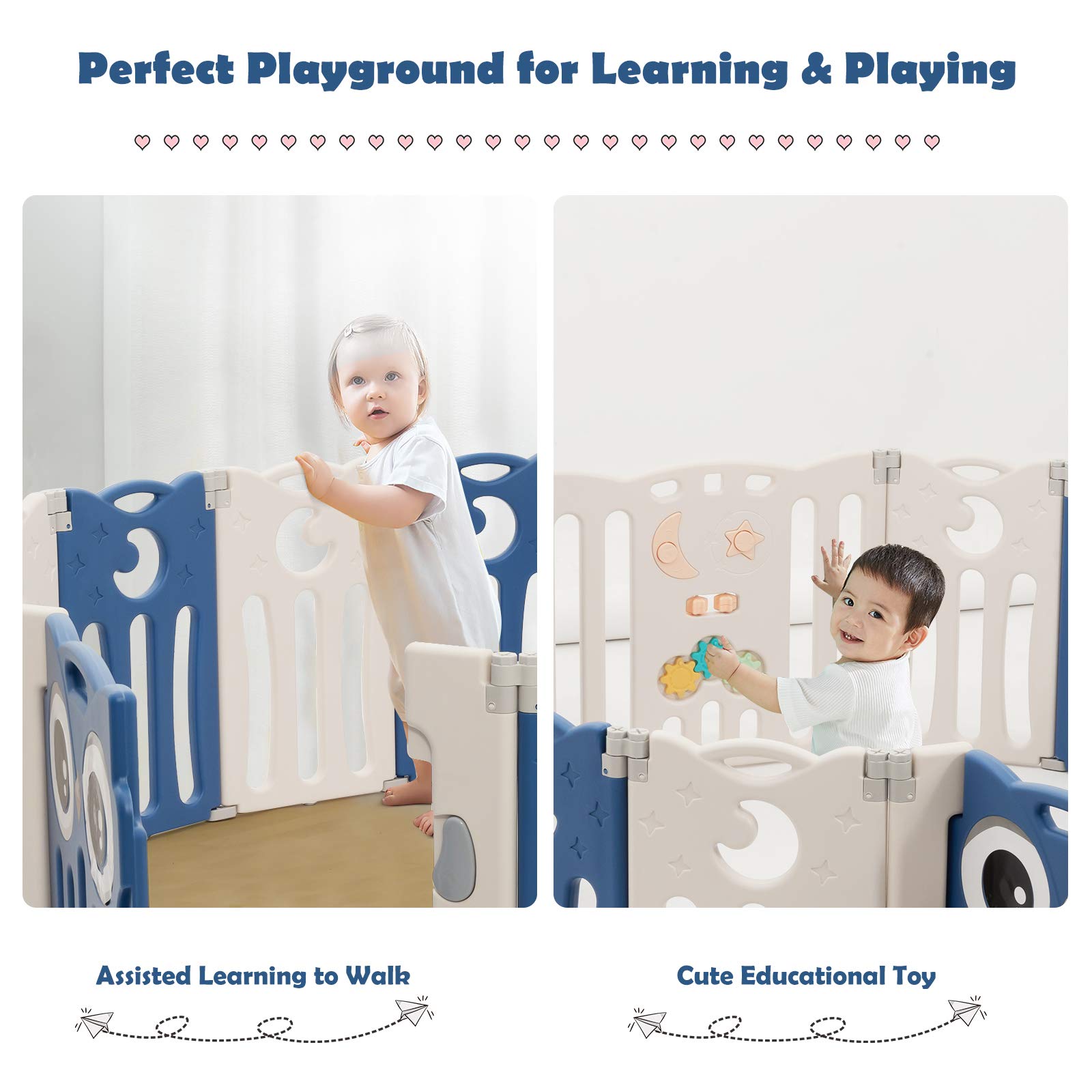 Costzon 14-Panel Foldable Baby Playpen with Locking Door - Non-Slip Rubber Bases & Cushioned Pads for Safety - Indoor/Outdoor Adjustable Play Yard for Toddlers (Blue) - Perfect for Home, Backyard, Daycare & Travel Use