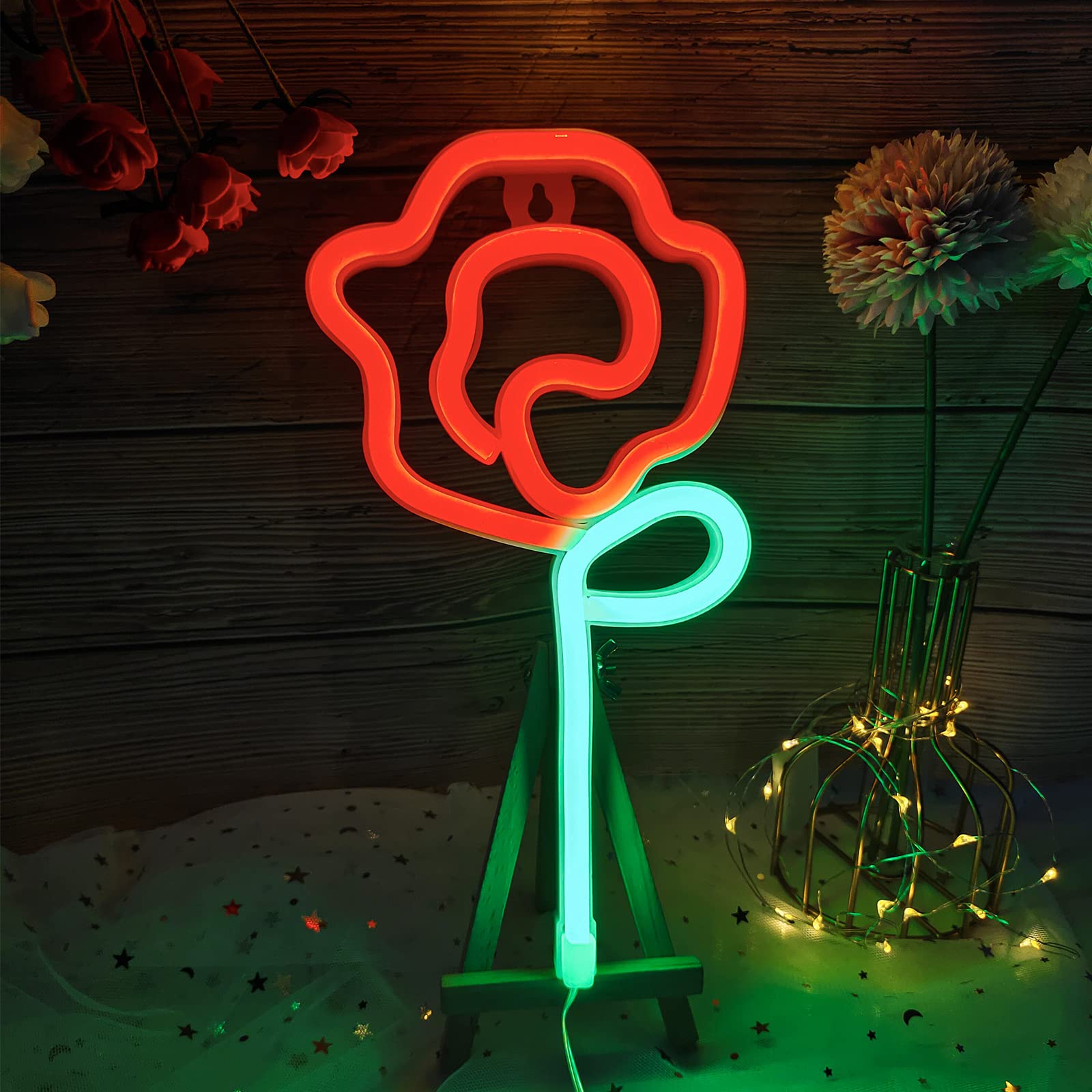 ENUOLI Rose Neon LED Sign - Red Rose Flower with Green Stem Wall Art, USB/Battery Powered Night Light for Bedroom, Bar, Wedding Decor - Perfect for Romantic Gifts, Party Lighting & Home Decoration