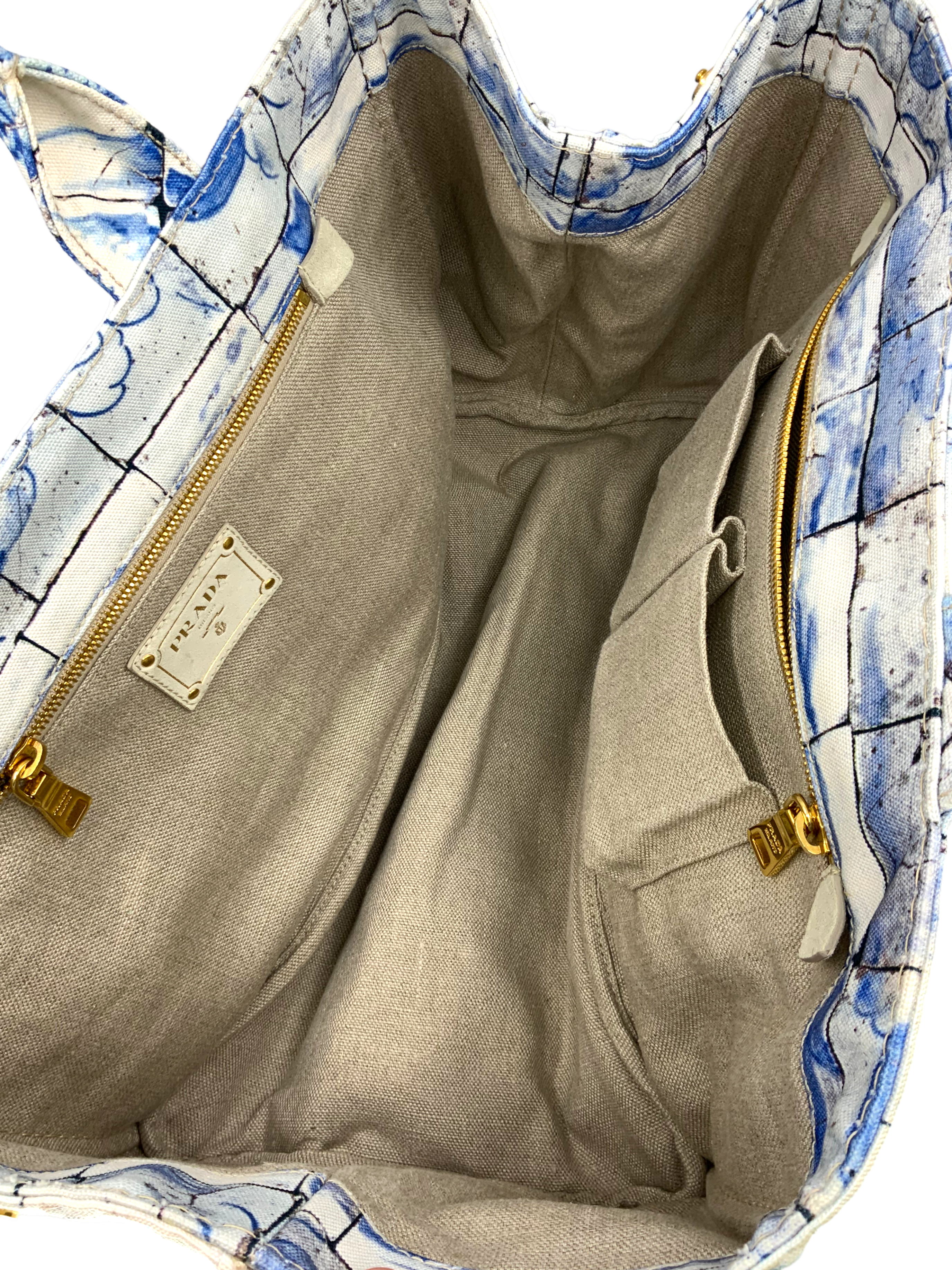 PRADA Canapa Azulejos Large Tote Bag for Women - Stylish Canvas Handbag with Leather Trim, Perfect for Work, Travel & Everyday Use