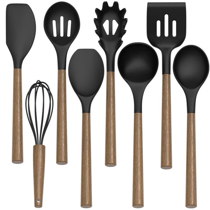 Premium 9-Piece Silicone Kitchen Utensil Set with Wooden Handle - Heat Resistant Up to 446°F - Nonstick Cookware Safe Spatula Set with Storage Holder (Black) - Ideal for Baking, Cooking & Serving