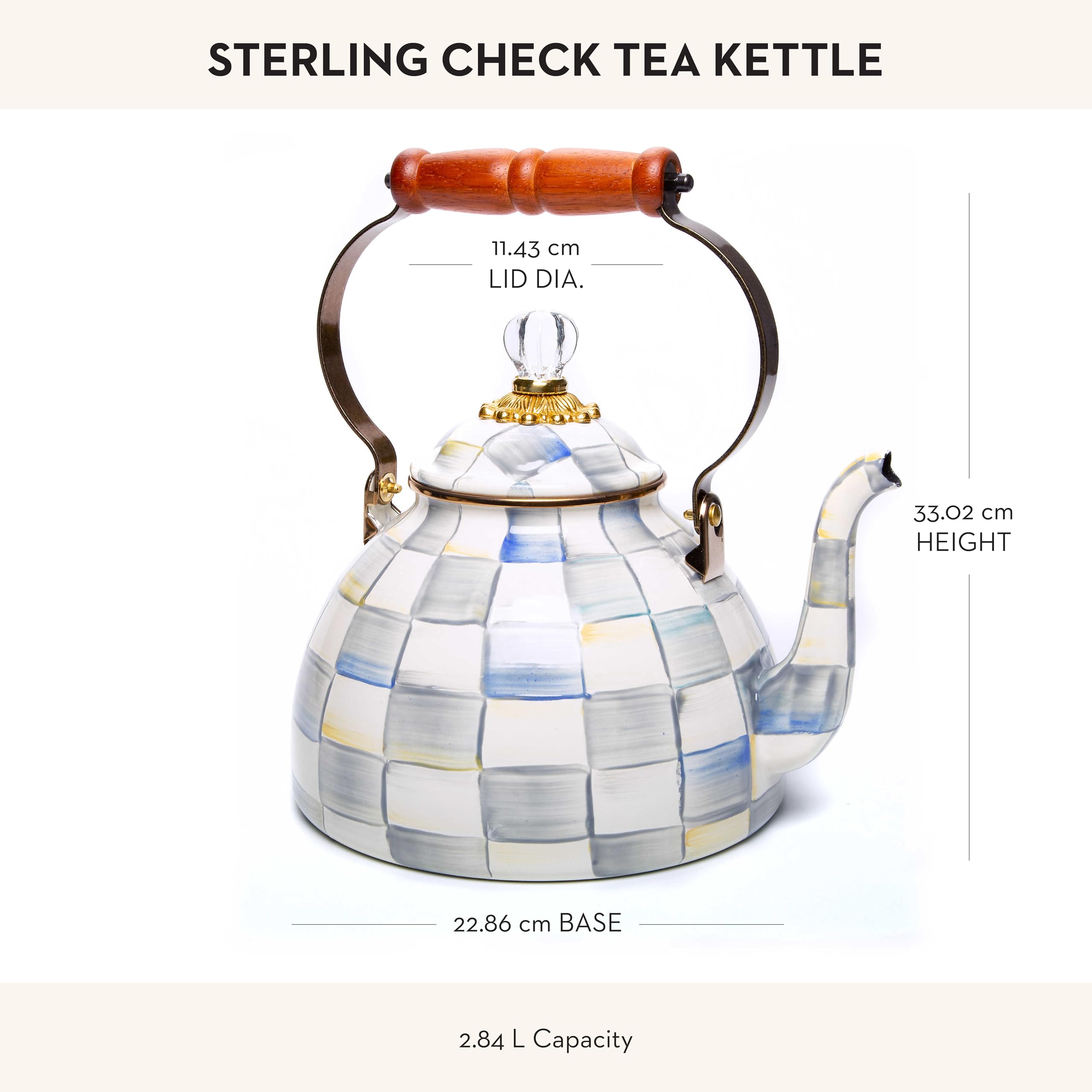 MACKENZIE-CHILDS 3 Quart Enamel Tea Kettle - Stylish Grey & White Sterling Check Stovetop Teapot - Perfect for Home Kitchen, Afternoon Tea, and Gift Giving