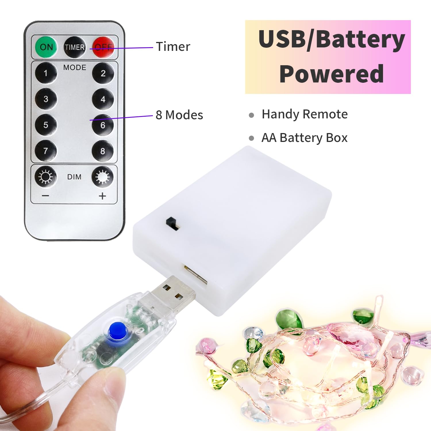 YOLIGHT 10ft Pastel Crystal LED Fairy Lights - Battery/USB Operated with Remote & Timer, 30 Warm White Jewels String Lights for Fairycore Room Decor, Girls Bedroom, Canopy, Christmas & Easter Party Decorations - Perfect for Kids' Rooms, Weddings, Nursery and Holiday Lighting