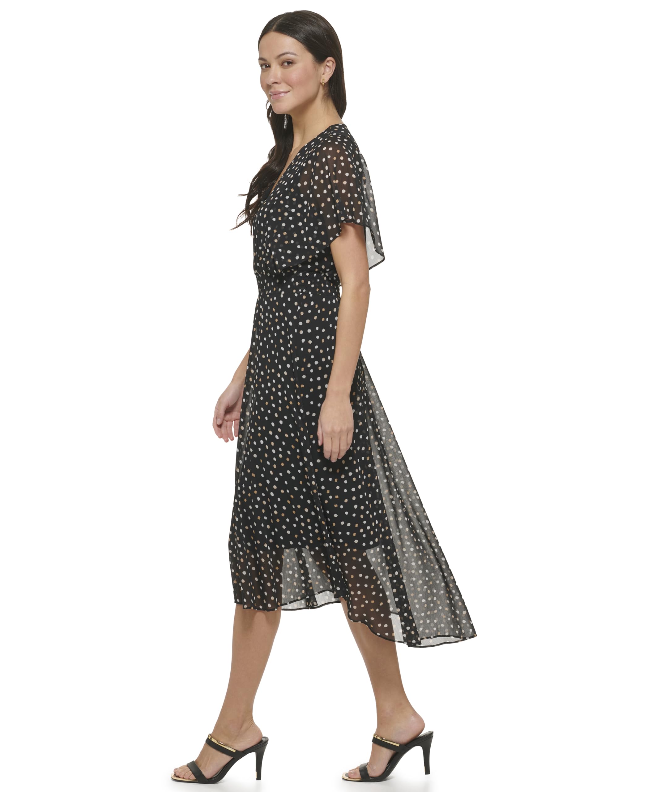 DKNY Women's Fit and Flare Midi Dress - Elegant Bodycon Dress for Work, Party & Date Night | Summer Floral Print A-Line Dress with Short Sleeves