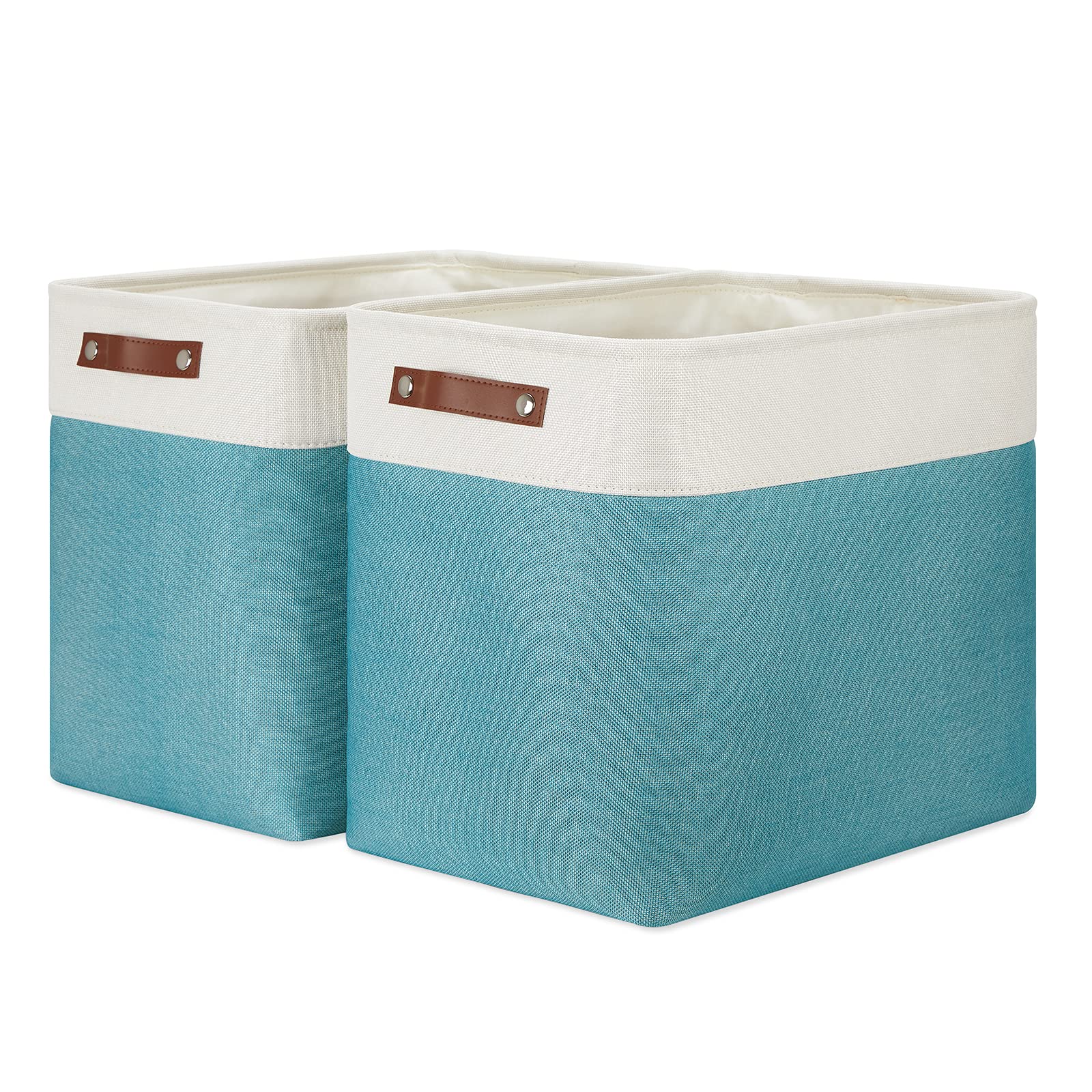 DULLEMELO Large 50L Canvas Storage Baskets - 2 Pack Collapsible Closet Organizer with Handles (White & Teal) - Perfect for Bedroom, Bathroom, Nursery & Home Organization