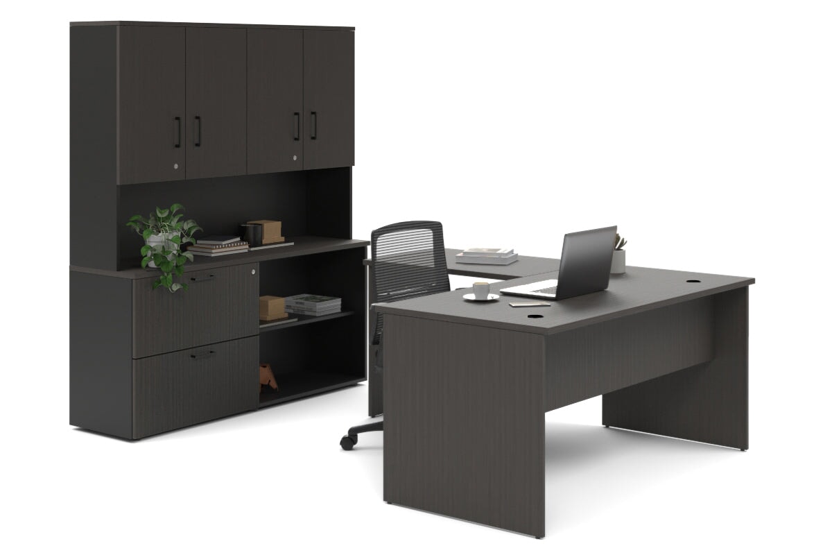 L-Shaped Executive Desk with Uniform Panel - Black Carcass [1400L x 1600W] - Perfect for Home Office & Corporate Workspaces