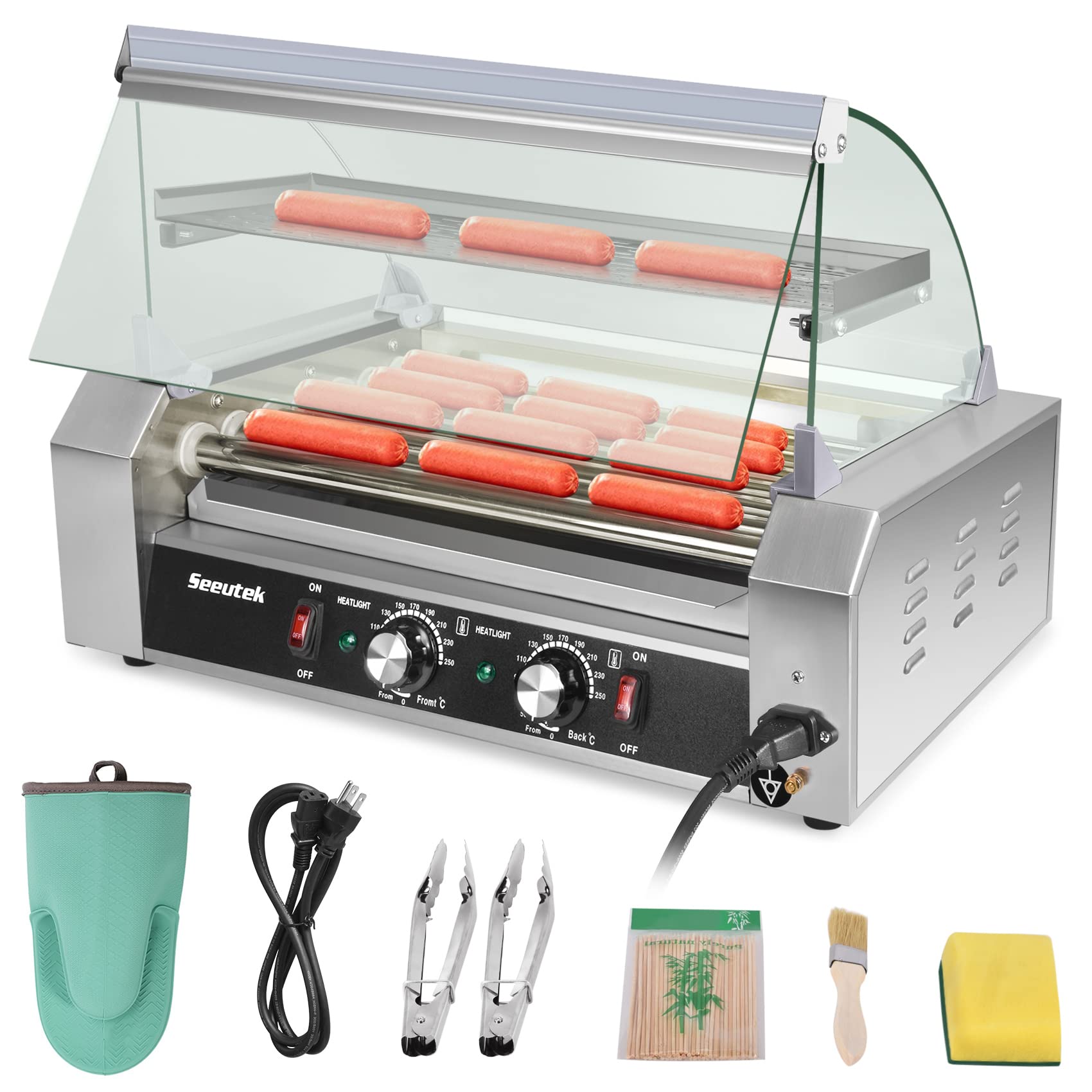 Seeutek 7-Roller Commercial Hot Dog Machine - 24 Hot Dogs Capacity, 1100W Stainless Steel Hot Dog Warmer with LED Light & Dual Temperature Control - Perfect for Restaurants, Carnivals, and Food Trucks - Includes Glass Hood, Acrylic Cover, Removable Drip Tray & Warming Shelf