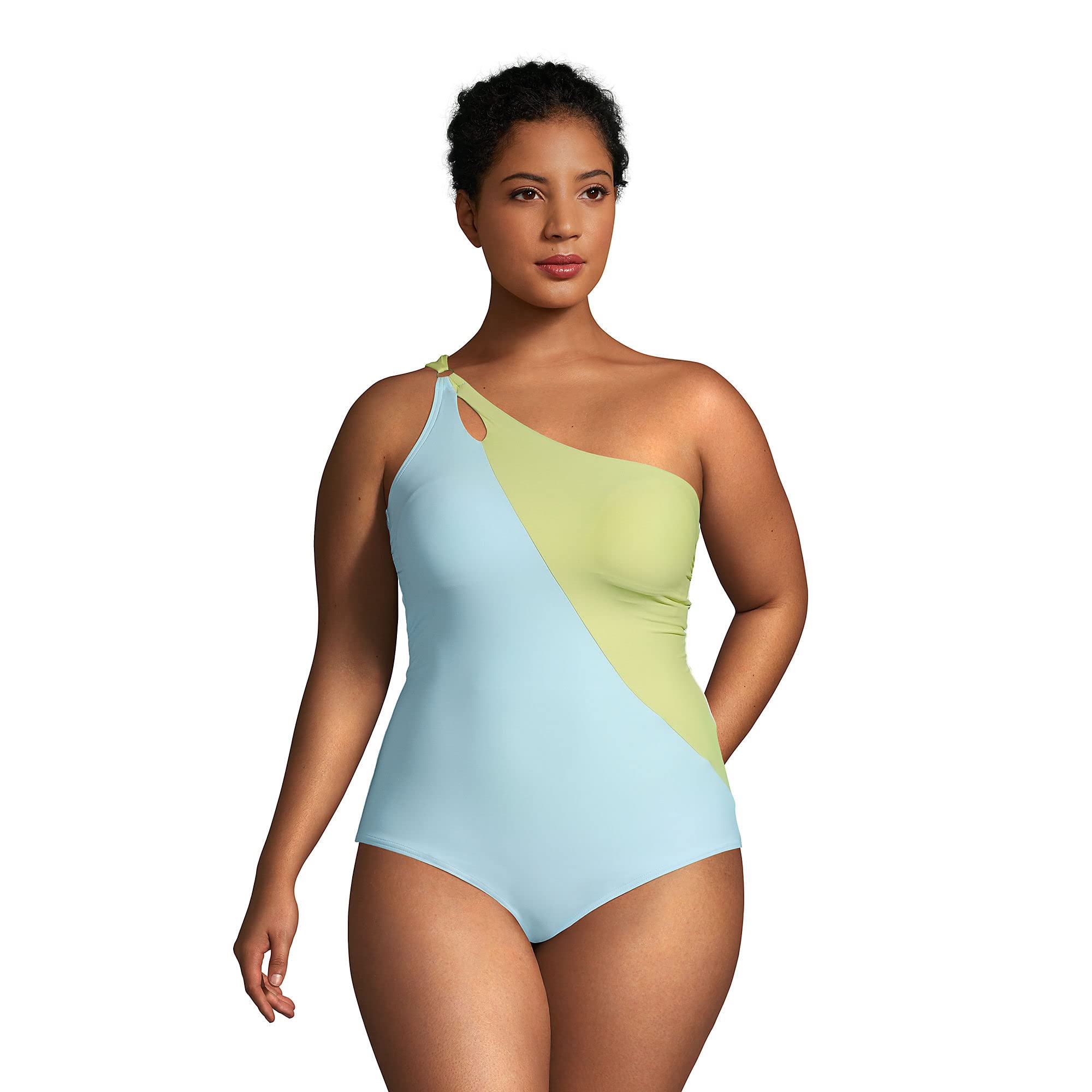 Lands' End Women's One Shoulder One Piece Swimsuit - Chlorine Resistant, Tummy Control, Adjustable Strap for Swimming, Beach Vacations & Poolside Relaxation