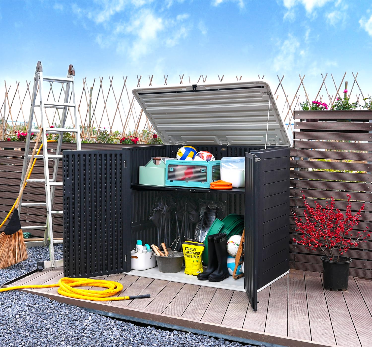 ADDOK 38 Cuft Large Outdoor Storage Shed - Weatherproof & Waterproof Horizontal Garden Storage Box for Backyard, Patio & Lawn - Perfect for Bikes, Trash Cans, Lawn Mowers & Patio Tools - Ideal for Organizing Outdoor Equipment & Seasonal Items