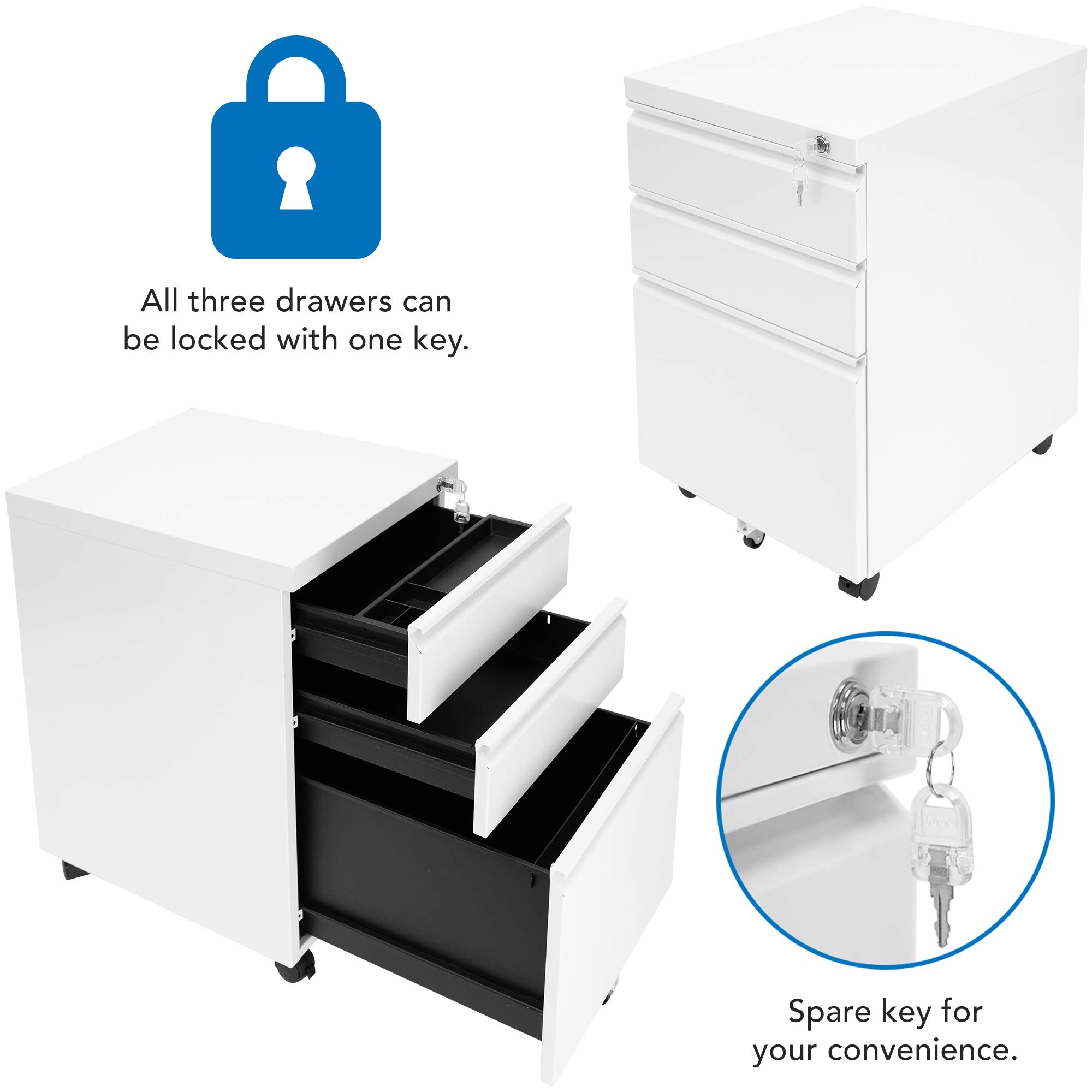 Mount-It! 3-Drawer Rolling File Cabinet with Lock - Under Desk Mobile Storage Organizer for Office Supplies, Documents & Materials - Space Saving Solution for Home & Office Workspaces (White) - Perfect for Small Spaces & Clutter-Free Organization