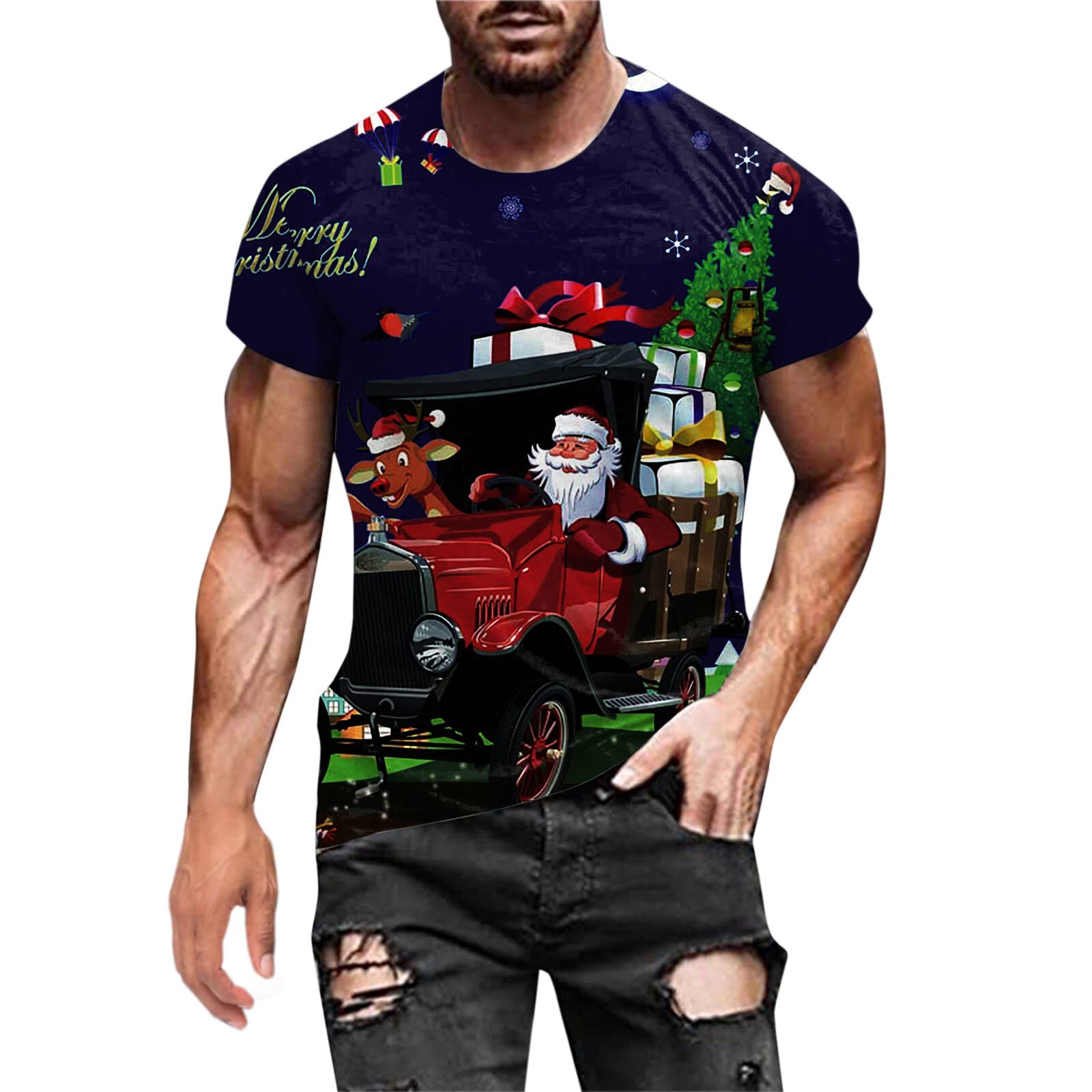 WOCACHI Men's Short Sleeve T-Shirt - Santa Claus Print Athletic Tee for Christmas, Workout & Casual Wear | Gym, Holiday Party & Everyday Outfit