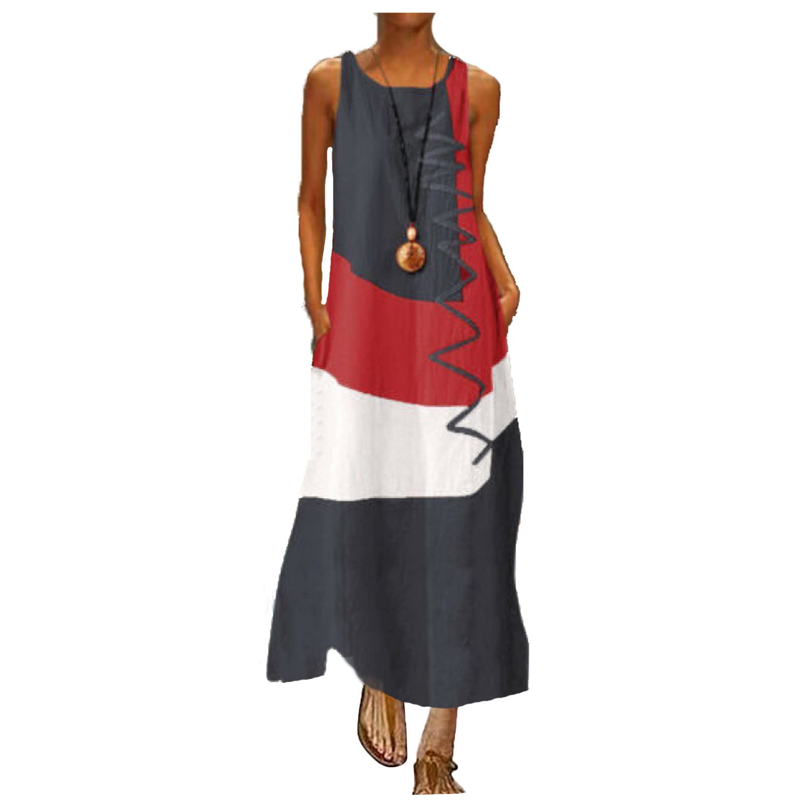 2022 Women's Summer Dresses - Color Block Sleeveless Crewneck Maxi Tank Dress with Pockets | Loose Fit Beach Dress for Vacation, Outdoor & Casual Wear