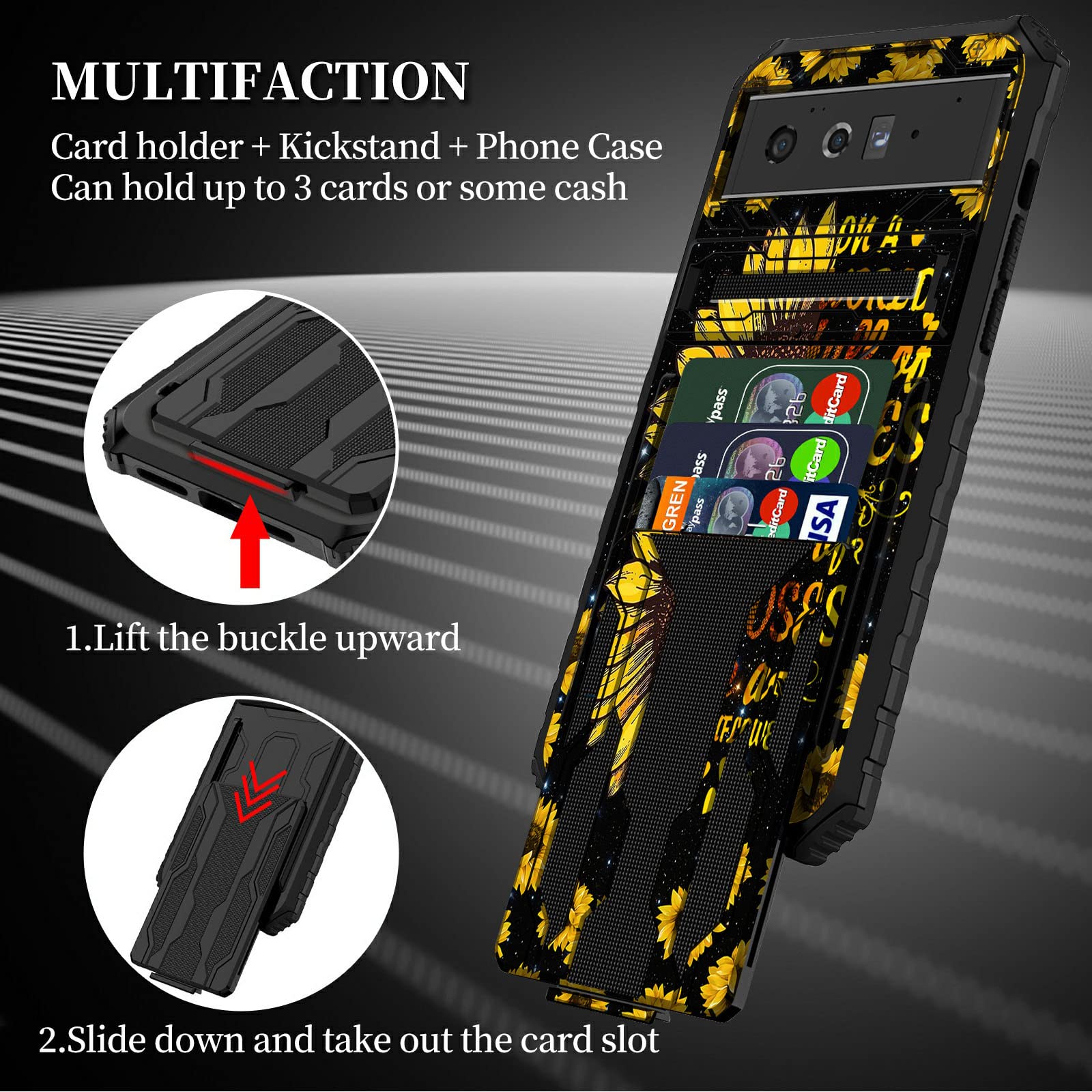 Google Pixel 6 Pro 5G Case (2021) - Heavy Duty Rugged Wallet Case with Card Holder, Detachable ID Slot & Kickstand | Sunflower Quote Design | Perfect for Outdoor Activities, Travel & Daily Protection