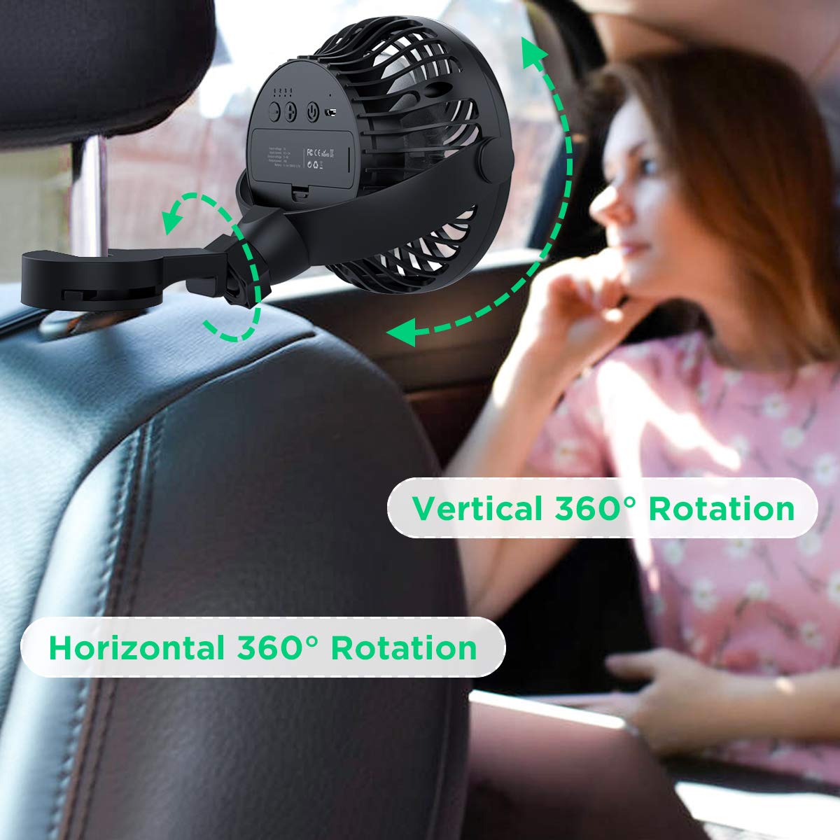 LEMOISTAR USB Car Fan - 4 Speed Adjustable, 360° Rotatable with Multi-Directional Hook | Portable Vehicle Air Circulator for Rear Seat Passengers & Pets | Perfect for Road Trips, Summer Commutes & Pet Travel