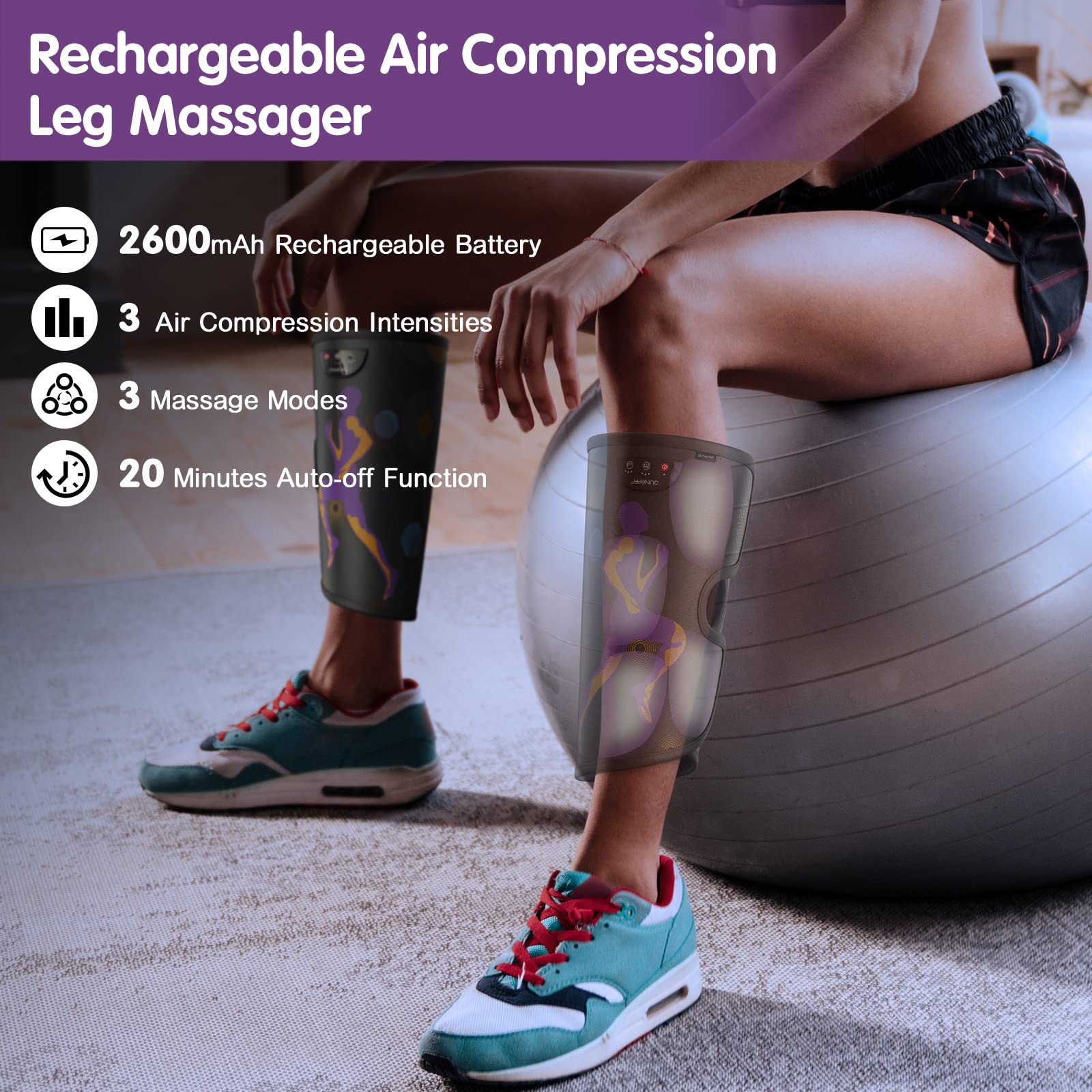 QUINEAR Cordless Air Compression Leg Massager for Circulation & Pain Relief - Rechargeable Calf Massager for Women & Men - Ideal Gift for Mom & Dad (FSA/HSA Eligible) - Perfect for Home Use, Office Relaxation & Post-Workout Recovery