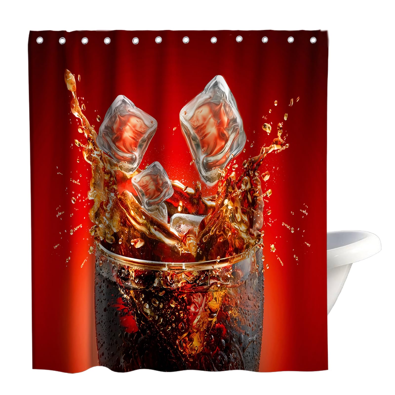Soft Drink Shower Curtain - Iced Beverage Themed Bathroom Decor with Grommets & Hooks (72x72 Inches, Red & Black) - Perfect for Soda Lovers' Bathroom, Game Room, or Retro Diner Style Decor
