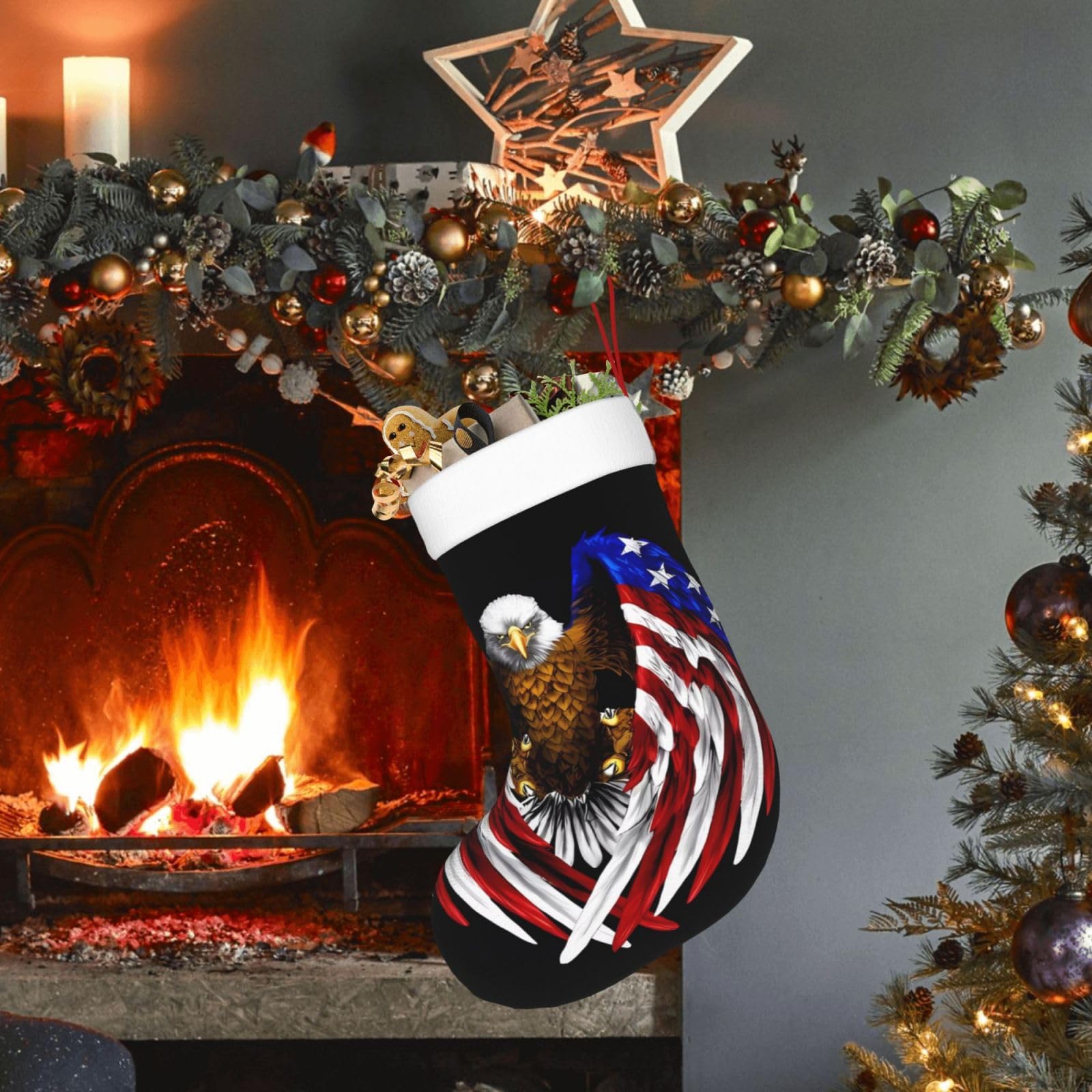 Personalized Christmas Stocking with USA Flag & Patriotic Eagle Design - 18 Inch Large Xmas Stocking for Fireplace Decor | Perfect for Holiday Home Decor, Gift Exchange & Festive Christmas Celebrations