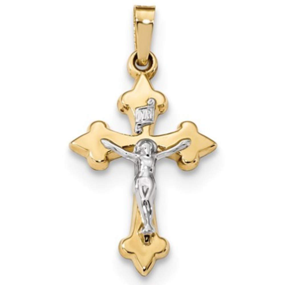 14K Two-Tone Yellow Gold & White Gold INRI Crucifix Fleur De Lis Cross Pendant Necklace - Religious Jewelry for Women & Men - Perfect for Baptism, First Communion, Confirmation & Spiritual Gifts