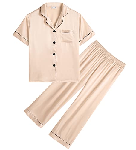 SWOMOG Kids Satin Pajama Set for Girls & Boys - Soft Button-Down Short Sleeve Silk PJS 2-Piece Nightwear - Perfect for Sleepovers, Bedtime & Lounge Wear