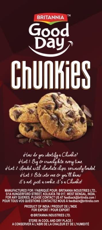 Britannia Good Day Chunky Chocolate Chip Cookies 2.64oz (75g) - Crunchy Baked Cookies with Real Chocolate Chips - Perfect for Breakfast, Tea Time & Office Snacks - Pack of 8 - Great for Gifts & Party Favors