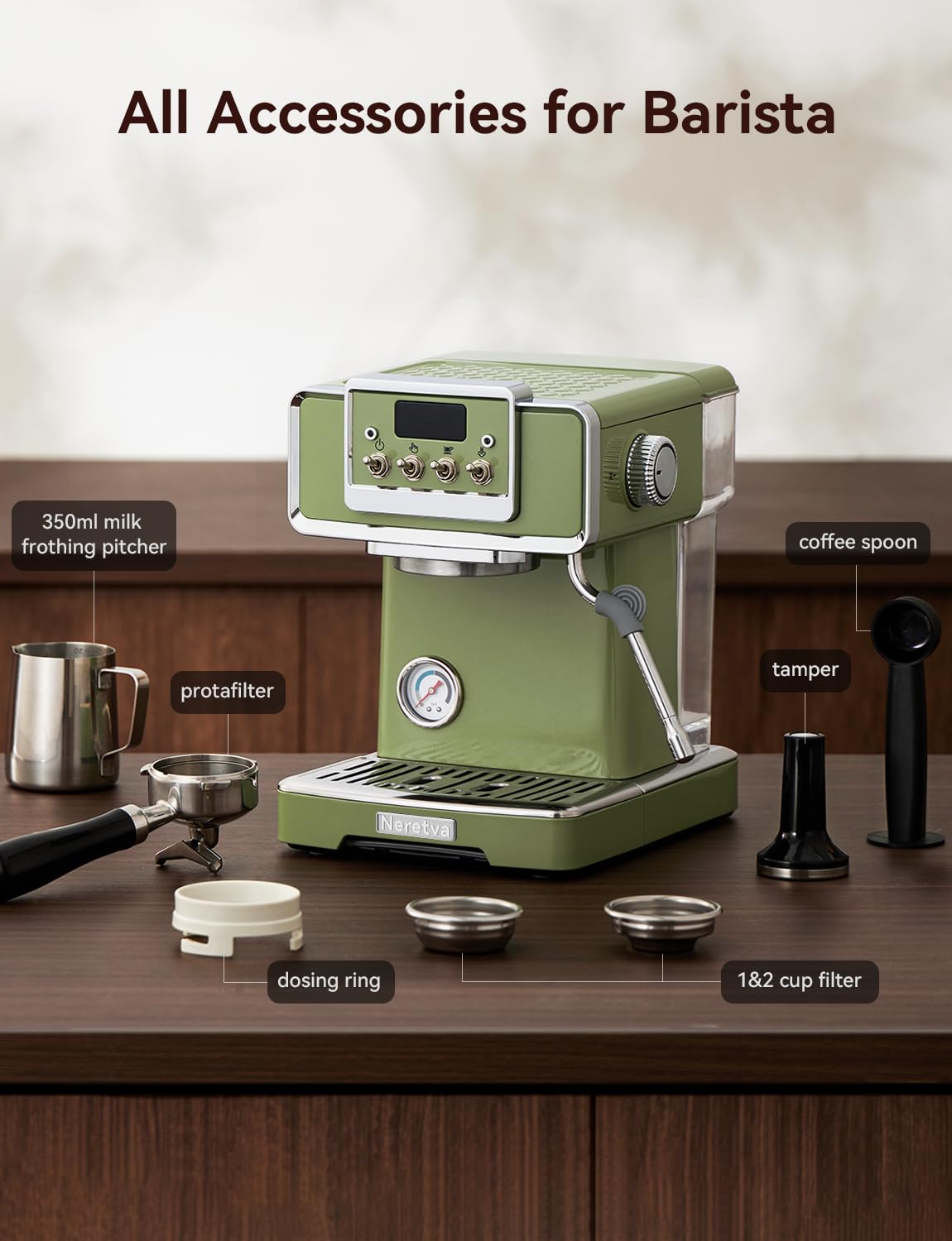 Neretva 15 Bar Espresso Machine with LCD Display - Manual & Auto Mode Stainless Steel Coffee Maker, 60oz Water Tank & Milk Frother for Home Barista - Green - Perfect for Home, Office & Cafe Use