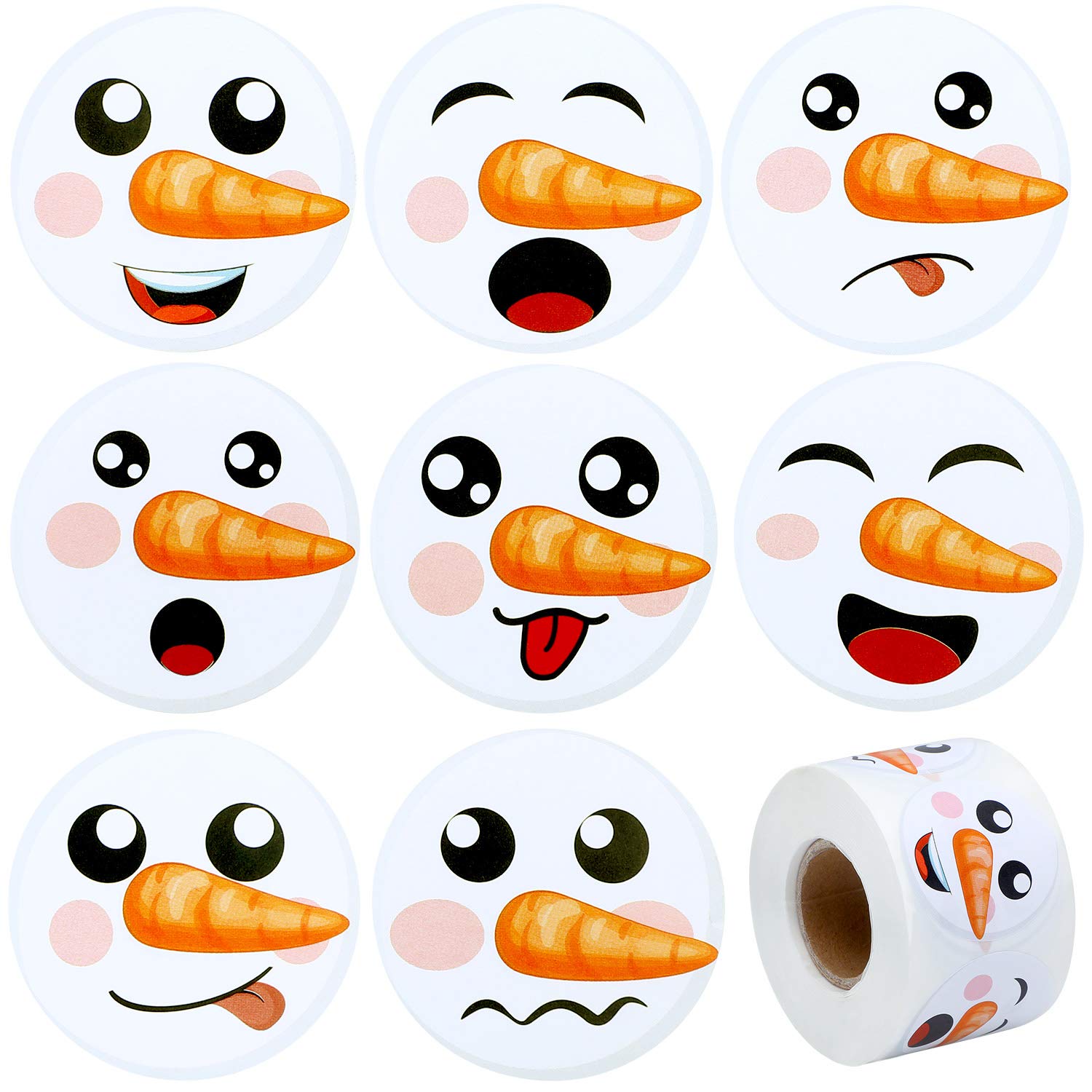 Happy Snowman Stickers - 500pcs Cute Round Snowman Face with Carrot Nose Christmas Sticker Roll - Perfect for Holiday Cards, Gift Wrapping & Winter Decorations