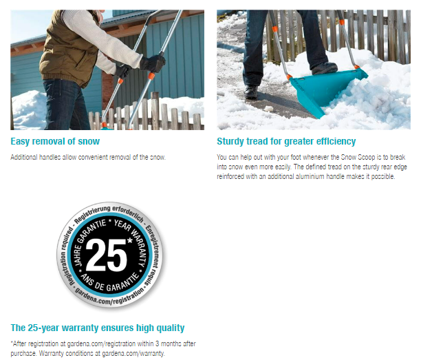 Gardena Snow Scoop - Heavy Duty Snow Shovel for Driveway & Sidewalk - Ergonomic Design for Easy Snow Removal - Perfect for Winter Storms & Home Use
