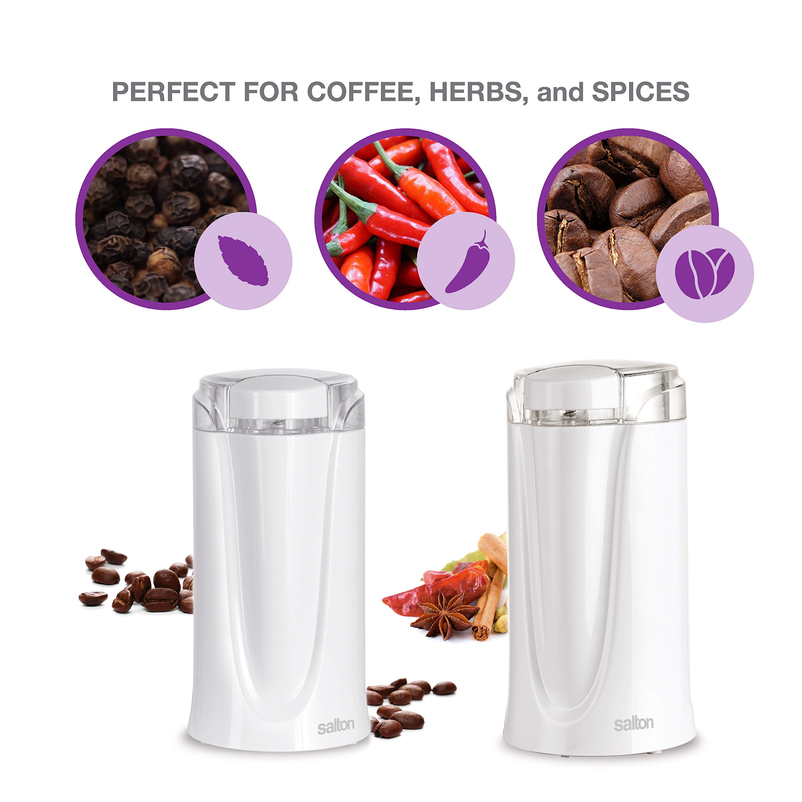 Premium Salton Electric Coffee Grinder for Beans, Spices & Herbs - White | Perfect for Home Kitchens & Coffee Shops