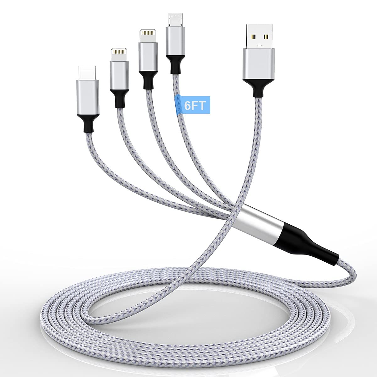 6Ft iPhone Charging Cable 4-in-1 USB Fast Charger with Lightning, Type C & Micro USB - Universal Charging Cord for iPhone 15/14/13, Samsung Galaxy, iPad, Android Phones - Perfect for Home, Office & Travel Use