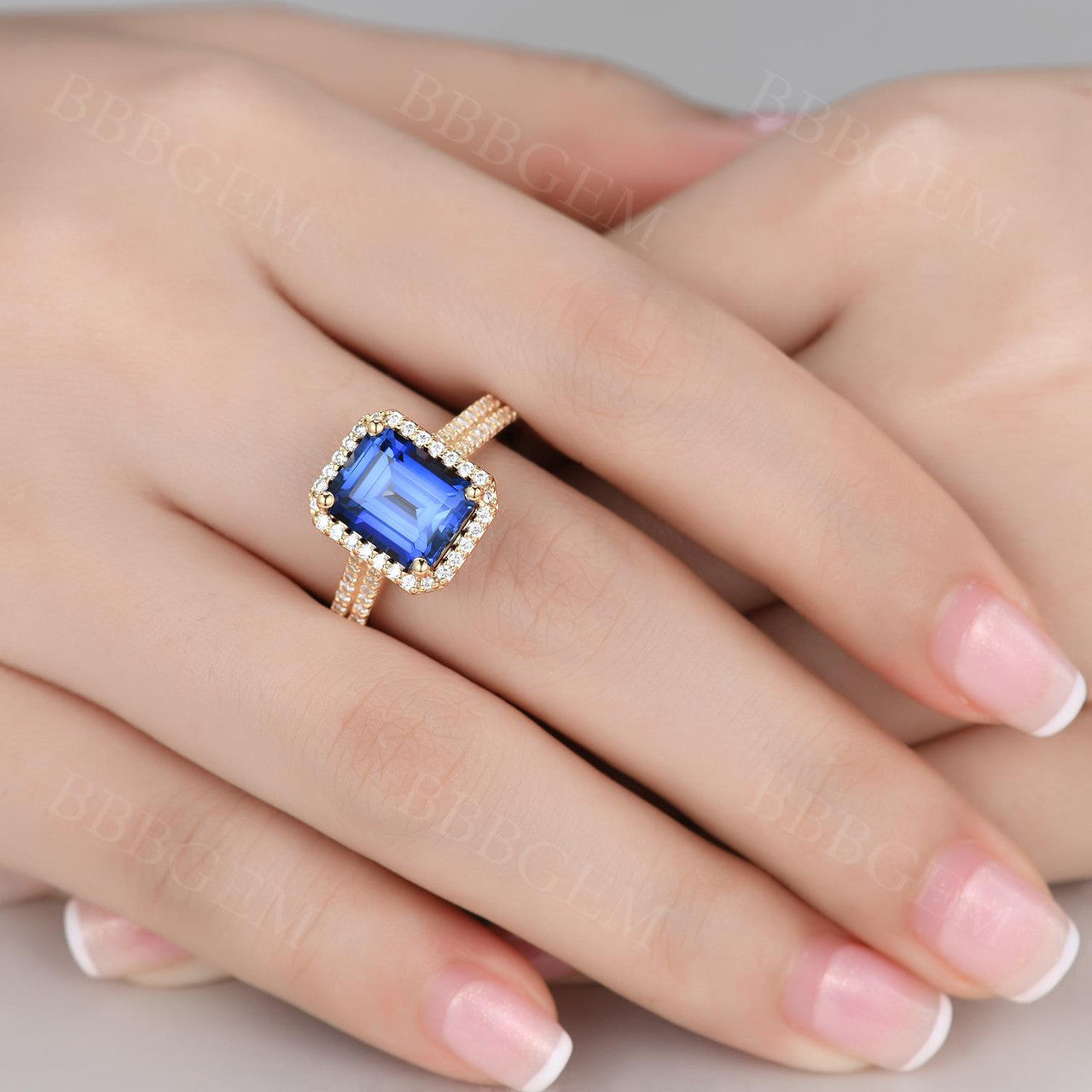 Vintage 8X10mm Emerald Cut Sapphire Ring with Diamond Halo - 14K Yellow Gold Wedding Band (4 Carat Total Weight) for Engagement, Anniversary & Special Occasions