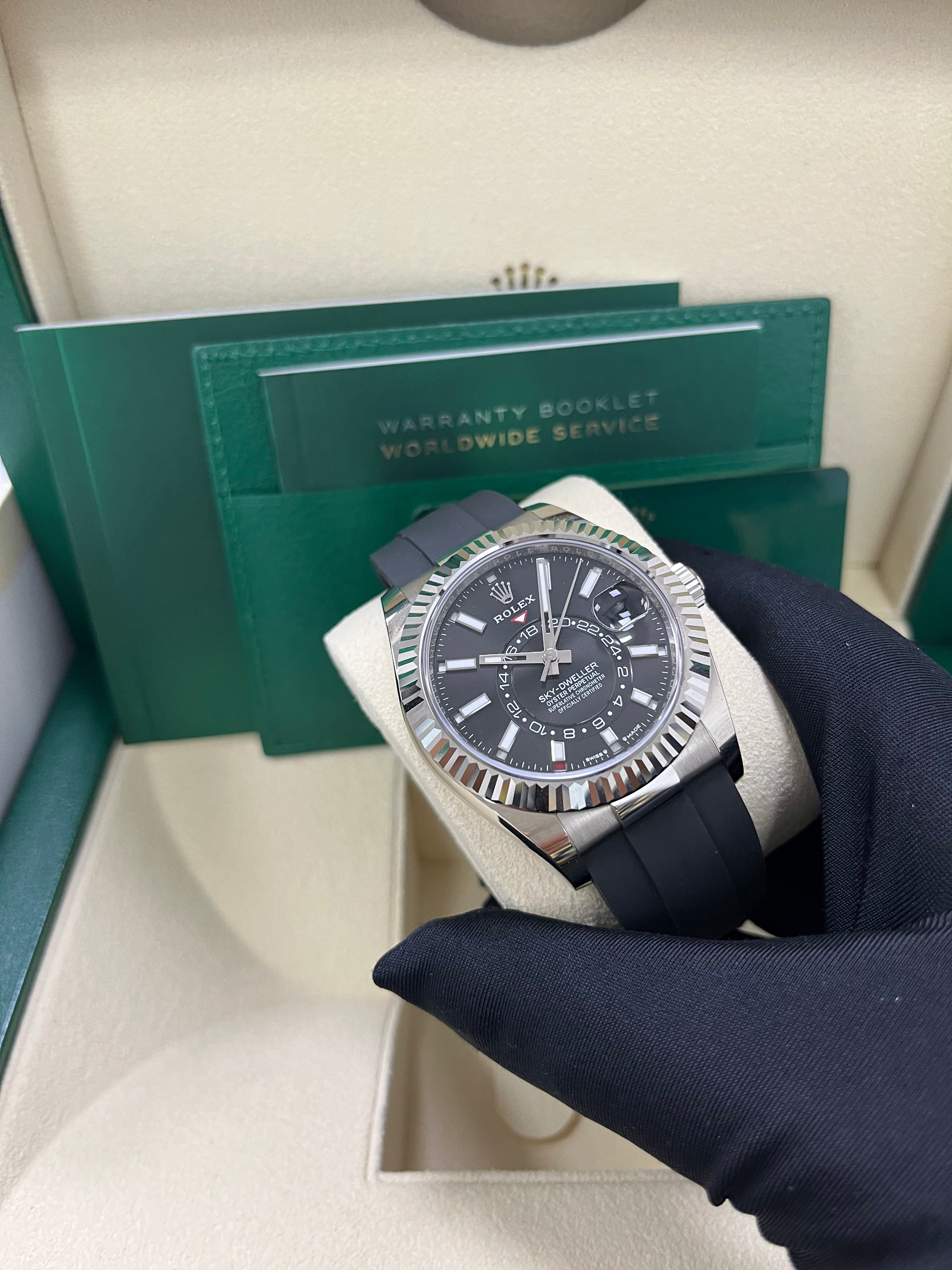Rolex Sky-Dweller 42mm White Gold Watch with Fluted Bezel, Black Index Dial & Oysterflex Strap Ref. 336239 - Luxury GMT Master for Travel & Business Professionals