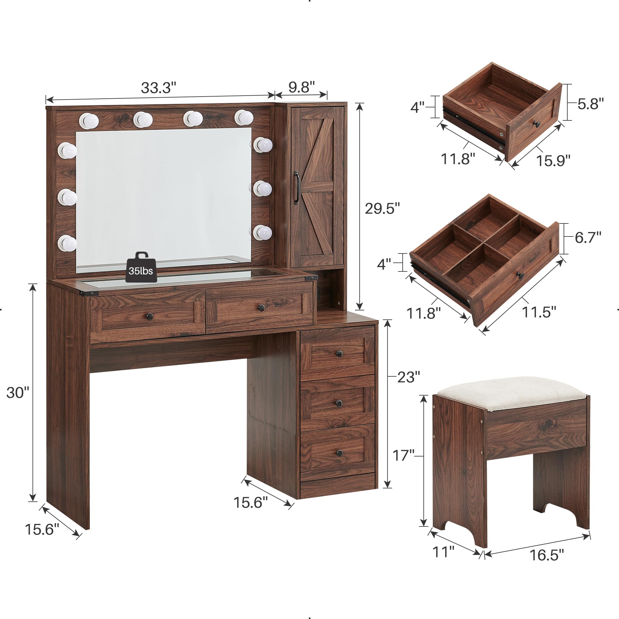 Farmhouse Vanity Makeup Desk with USB Charging Station, 43