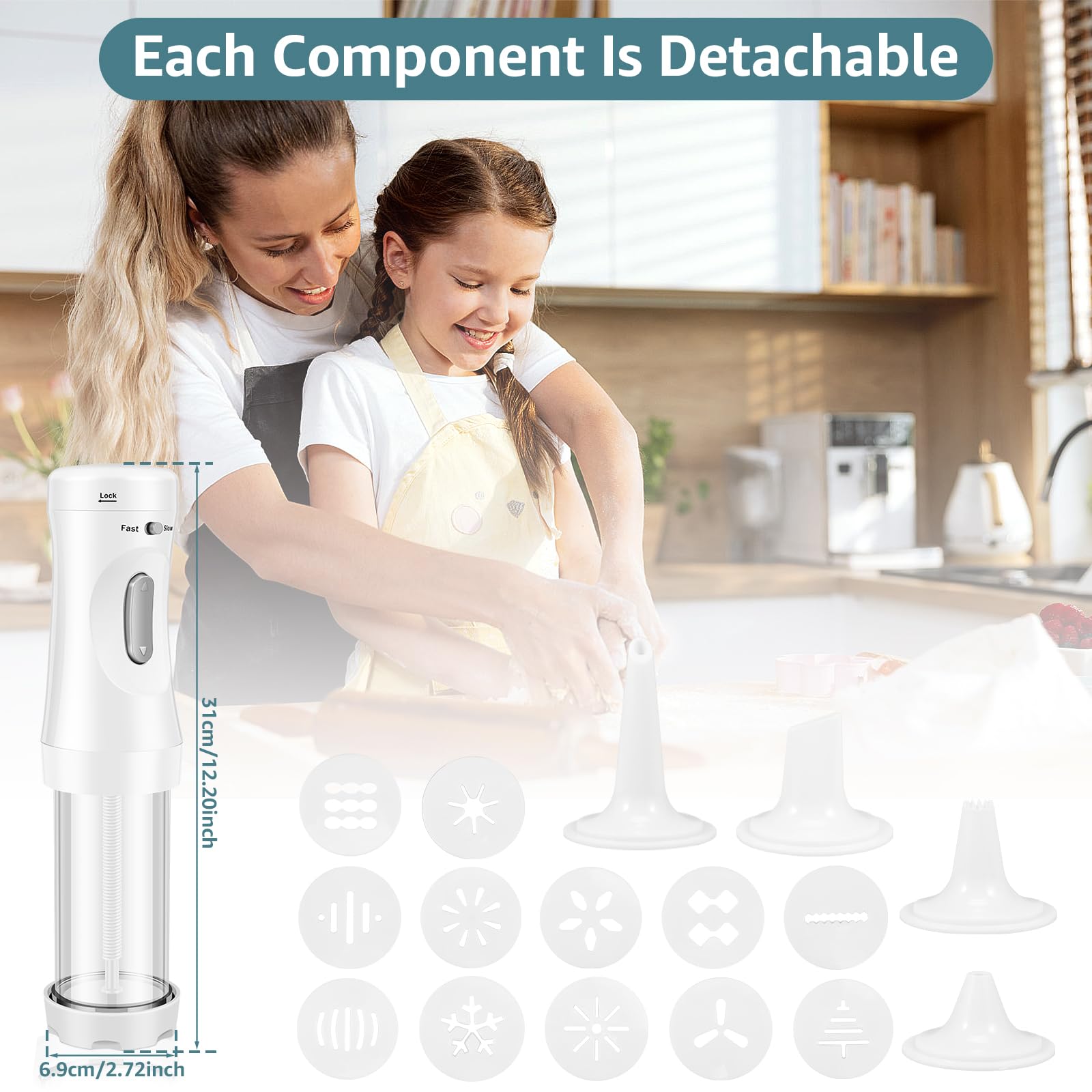 Electric Cookie Press Gun Kit - 12 Cookie Discs & 4 Icing Nozzles | Detachable Cookie Maker Machine for Baking & Decorating | Perfect for Holiday Cookies, Wedding Favors & Party Treats