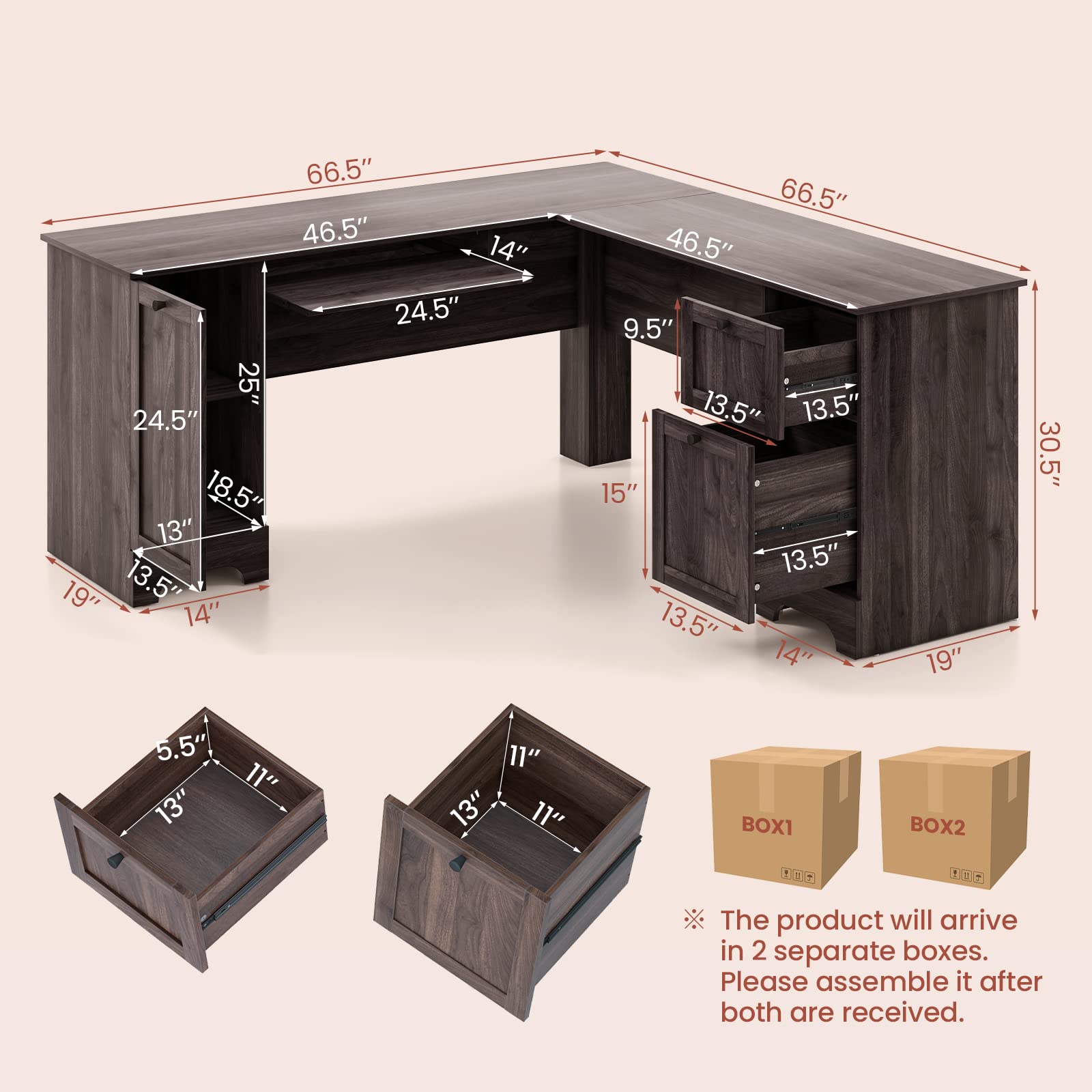 Tangkula L-Shaped Office Desk with Storage Drawers & Keyboard Tray - Home Office Corner Computer Desk with Cabinet & Adjustable Shelf - Space Saving Study Writing Workstation for Small Spaces, Gaming Setup & Remote Work