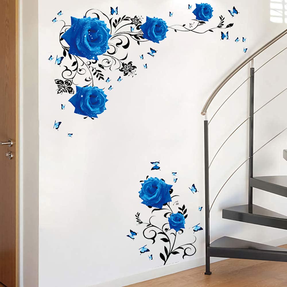 Supzone Blue Rose Wall Stickers - DIY Vinyl Floral Wall Decal for Bedroom, Living Room, Sofa Backdrop & TV Wall Decor | Elegant Blue Peony Flower Vine Mural Art | Perfect for Home, Office & Wedding Decorations